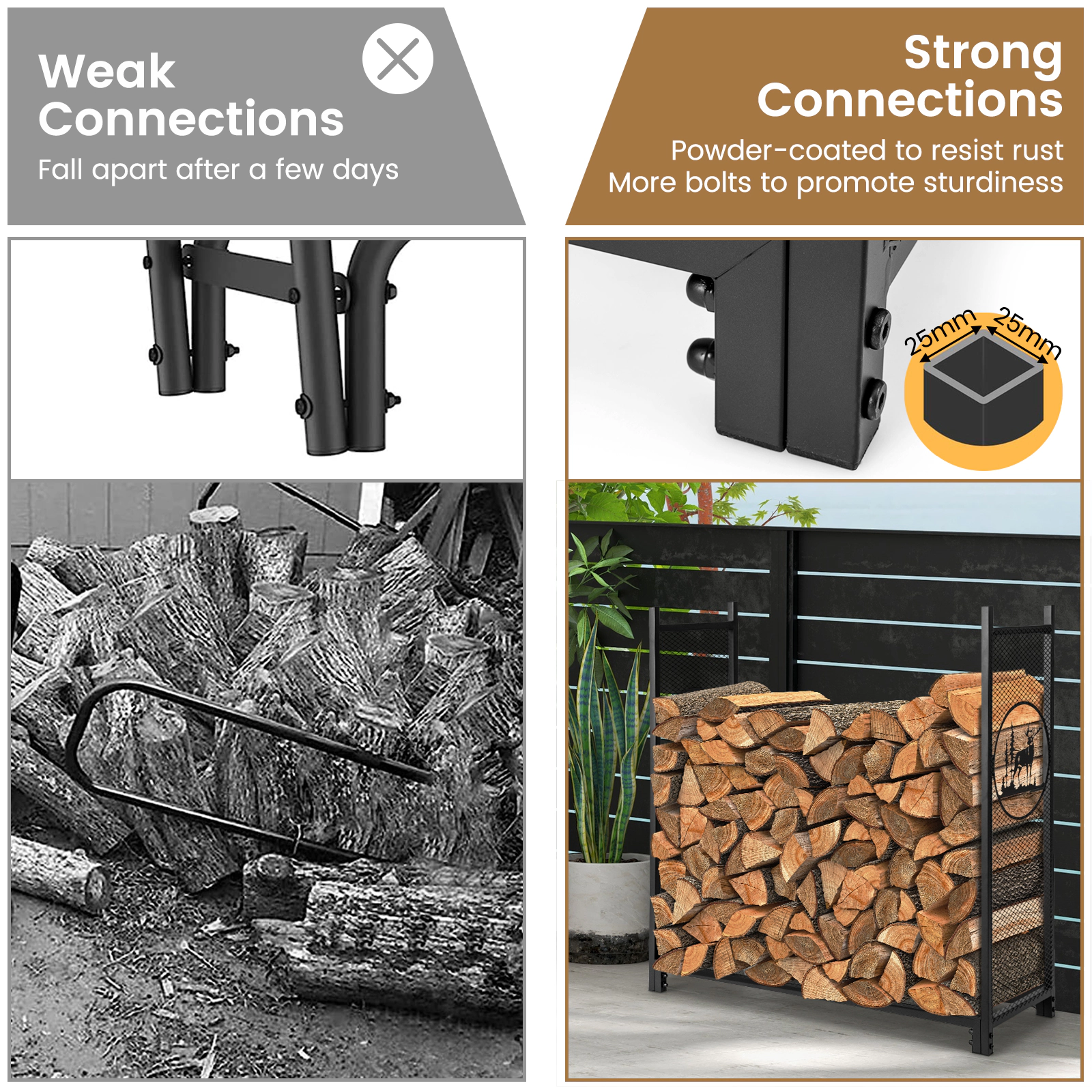 SUGIFT 4 Feet Mesh Firewood Rack Stand 300-lb Capacity Metal Log Holder with 48-in Wide Frame and 41-in High Sides Black