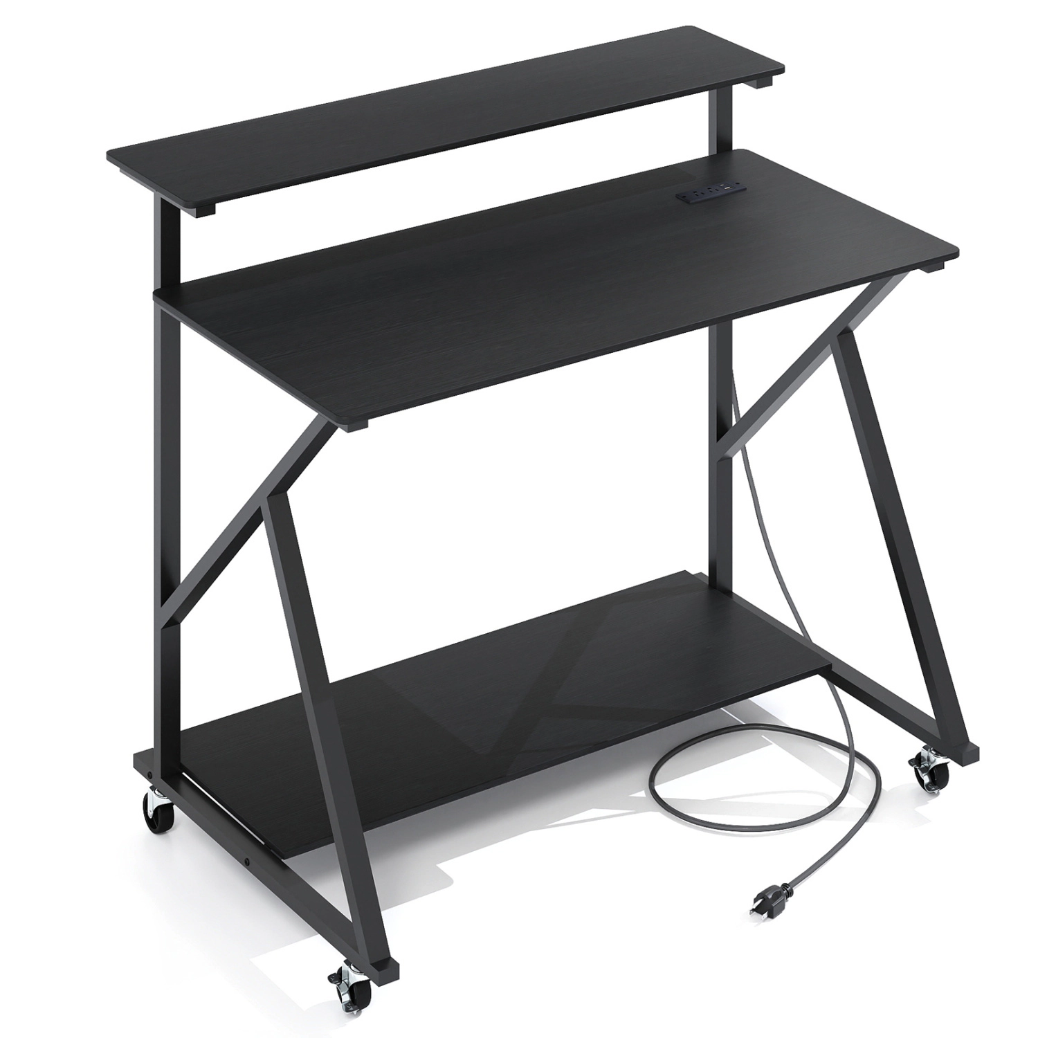 SUGIFT Rolling Computer Desk with Charging Station and Monitor Shelf 155-Lb Tabletop Capacity Rustic Brown/Black