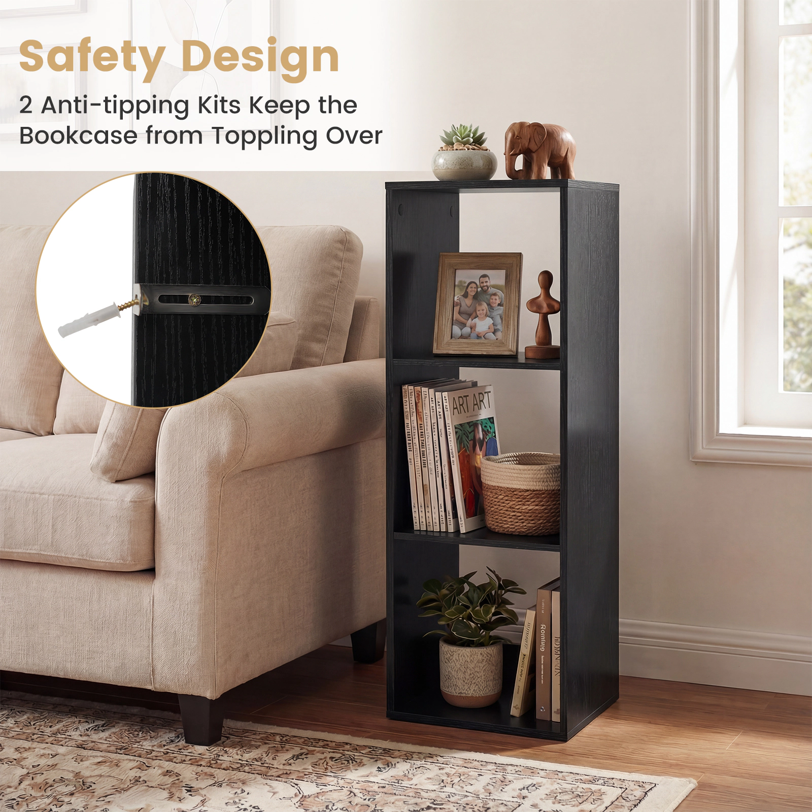 SUGIFT 3-Cube Bookshelf 41 Tall with Back Guardrail and Anti-Tipping Features