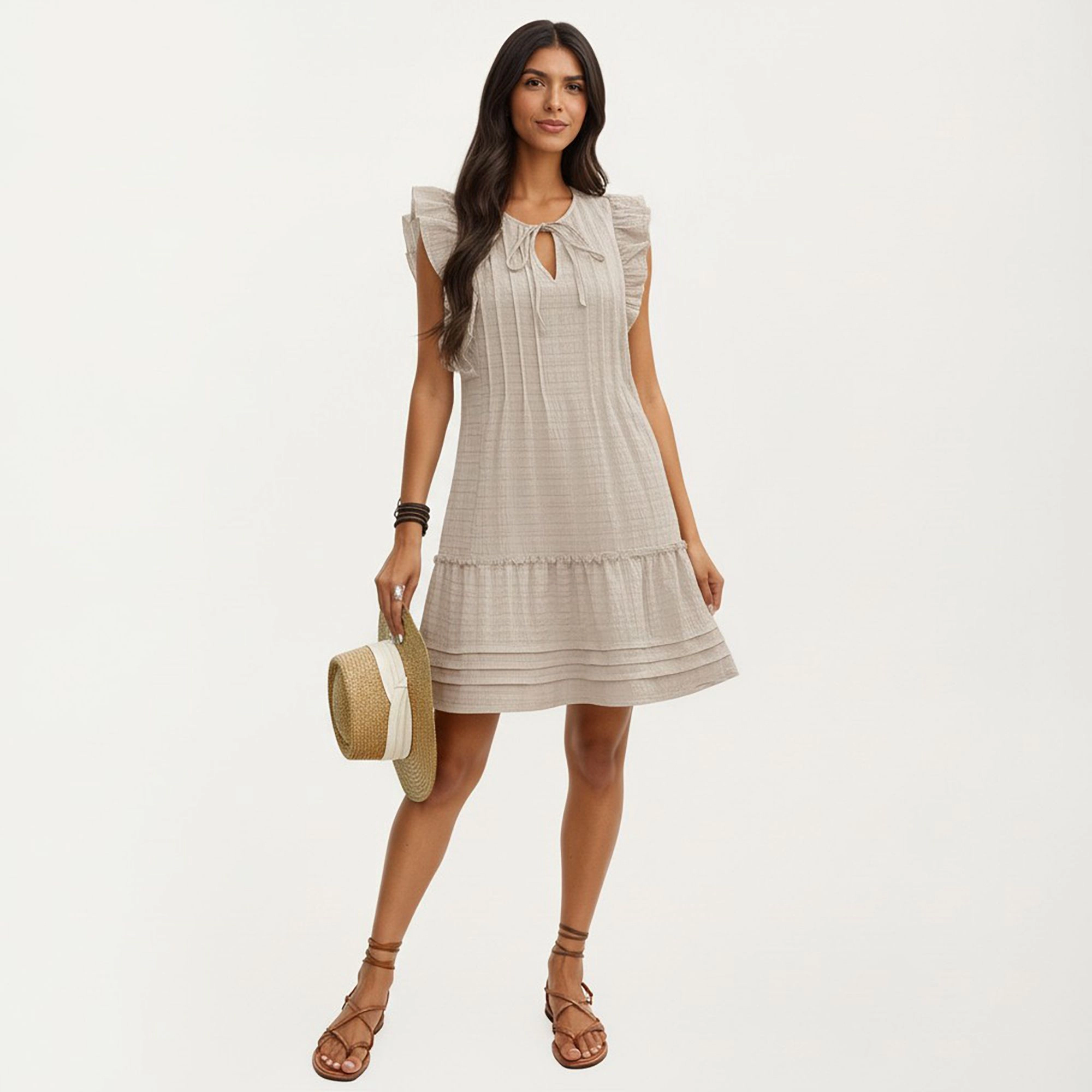 Anna-Kaci Women's Ruffle Tie Neck Detail Tiered Hem Mini Dress