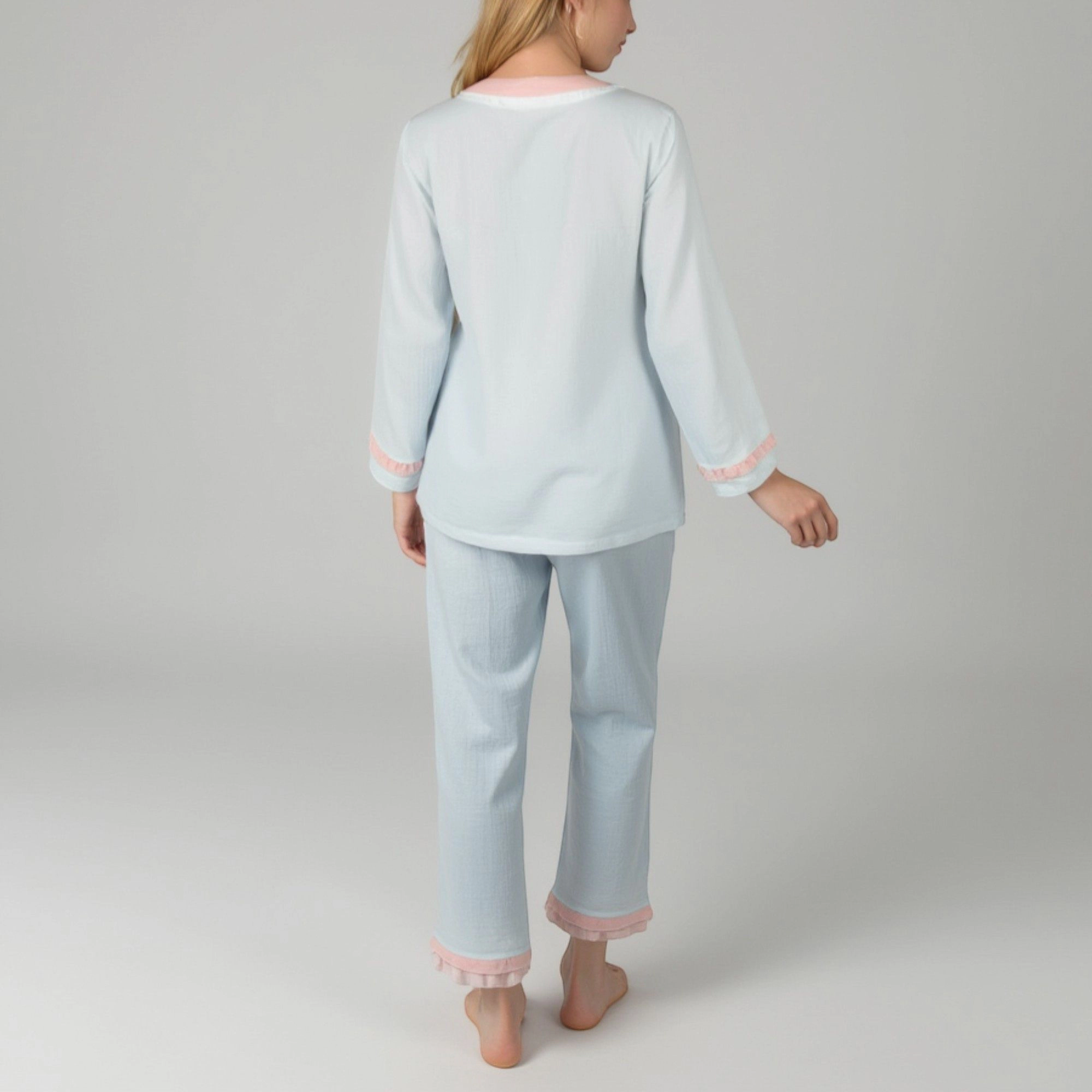 Anna-Kaci Women's Long Sleeve Button Up Pajama Set with Ruffle Trim and Front Patch Pockets