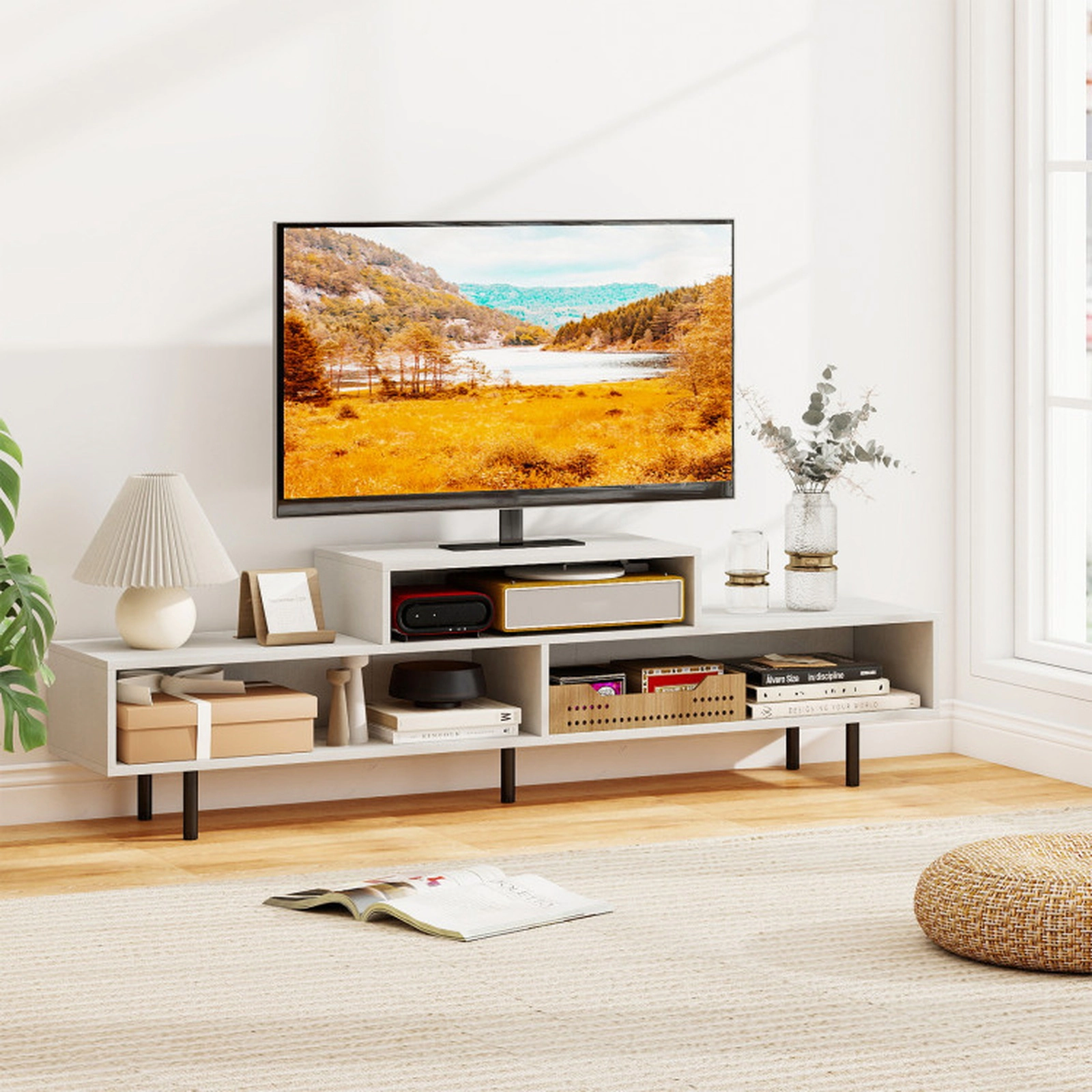 SUGIFT 3 Cubby TV Stand for TVs up to 70 in with Open Storage Compartments 155-lb Tabletop Capacity White
