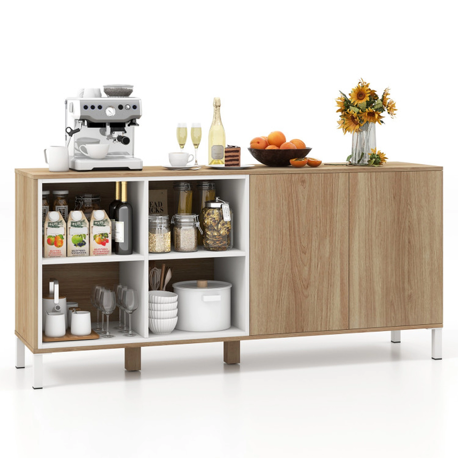 SUGIFT 4-Cube Push-to-Open Doors Adjustable Shelf Buffet Sideboard 63-in x 16-in x 29.5-in 105-lb Net Weight Natural
