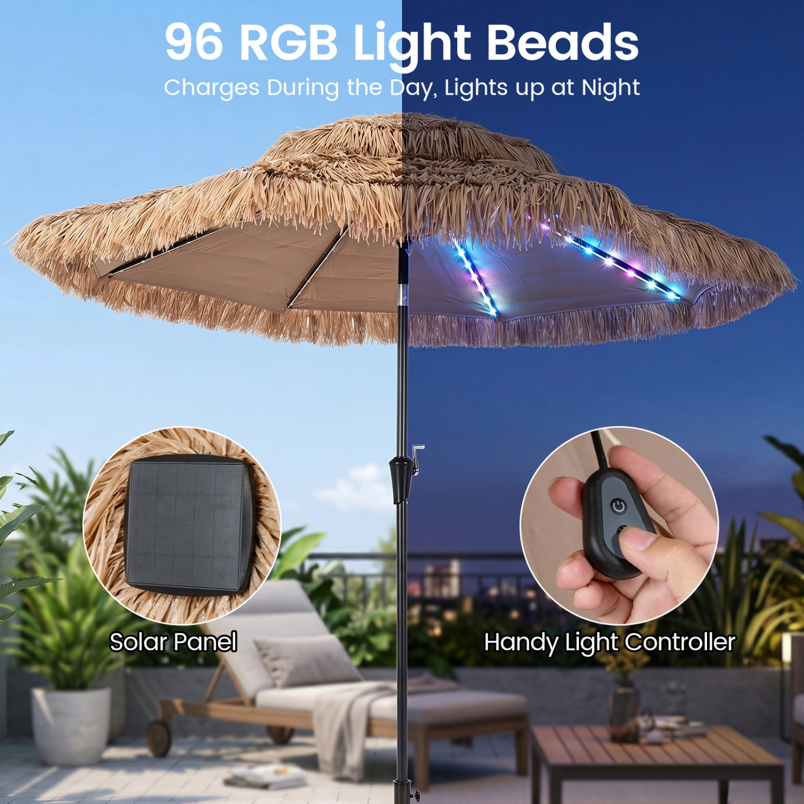 SUGIFT Solar 96-Light Thatched Tiki Patio Umbrella with 12 Lighting Modes 9-ft Canopy Natural and Black