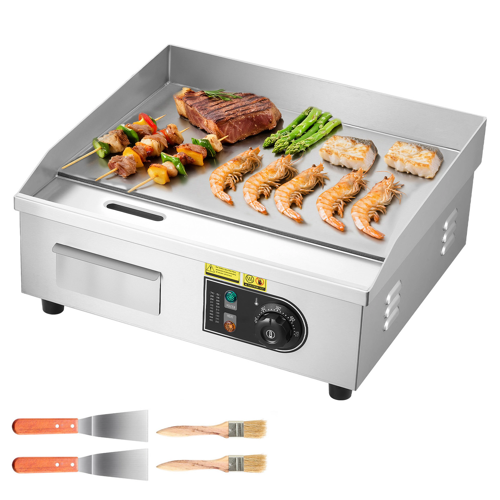 HONGGE Commercial Electric Griddle, 1750W, 122-570°F Adjustable Temp Control, with 2 Spatulas, 2 Brushes