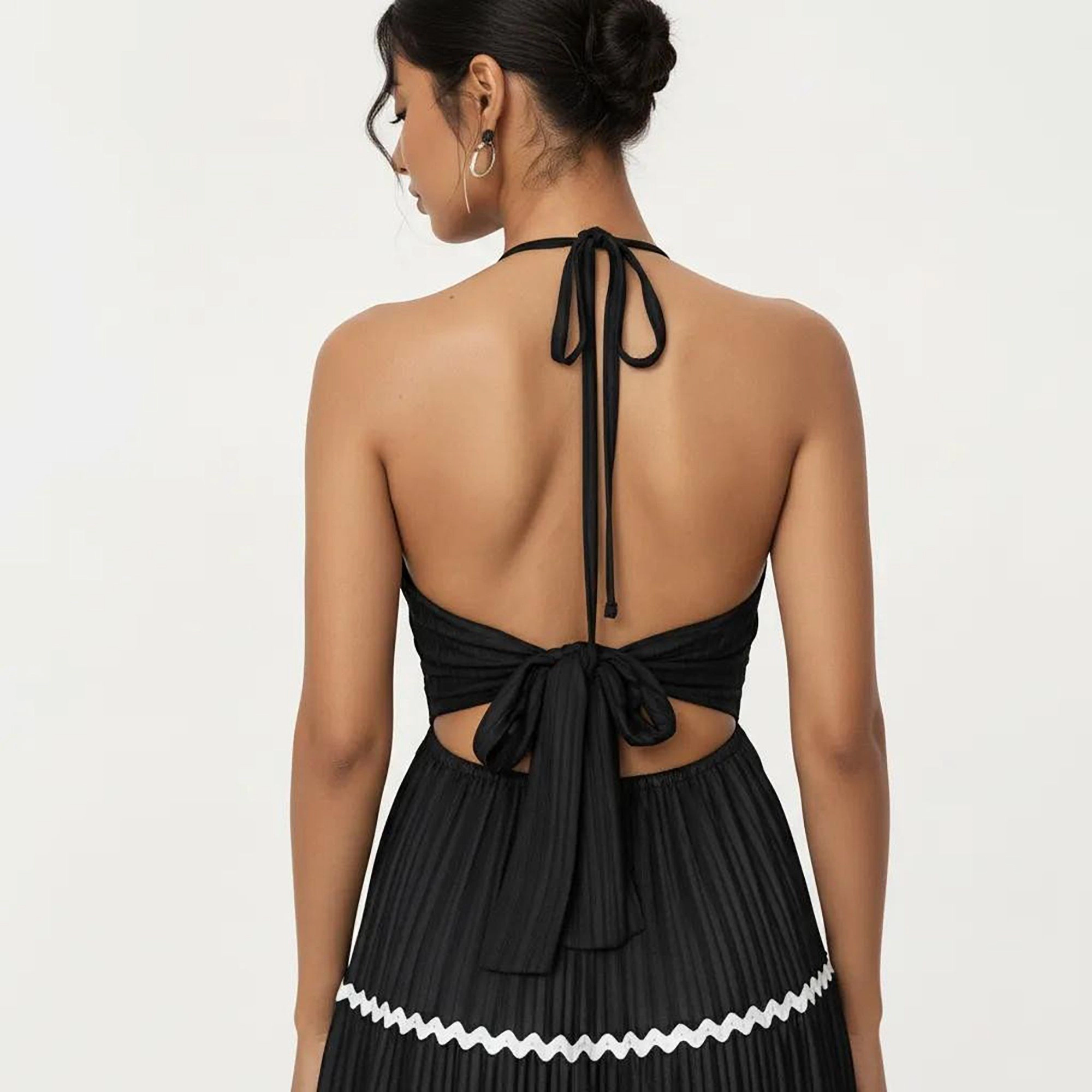 Anna-Kaci Halter Neck Pleated Maxi Dress with Tiered Trim