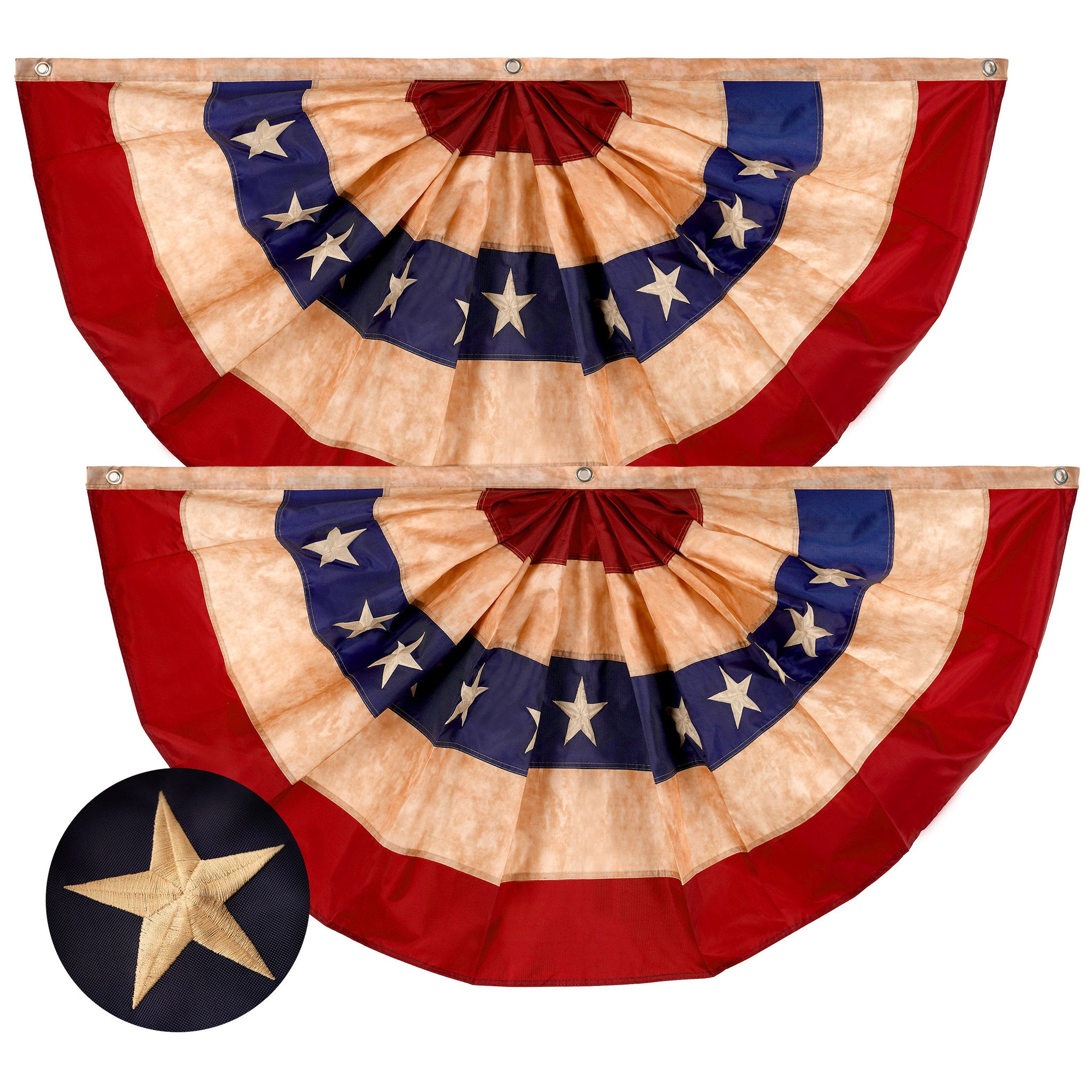 G128 2-Pack USA Tea-Stained Pleated Fan Flag 2x4 ft Embroidered Polyester