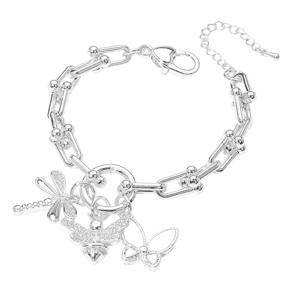 FASHNZFAB 14K Gold Plated CZ Stone Paved Dragonfly Honey Bee Mother of Pearl Butterfly Charm Chain Link Bracelet