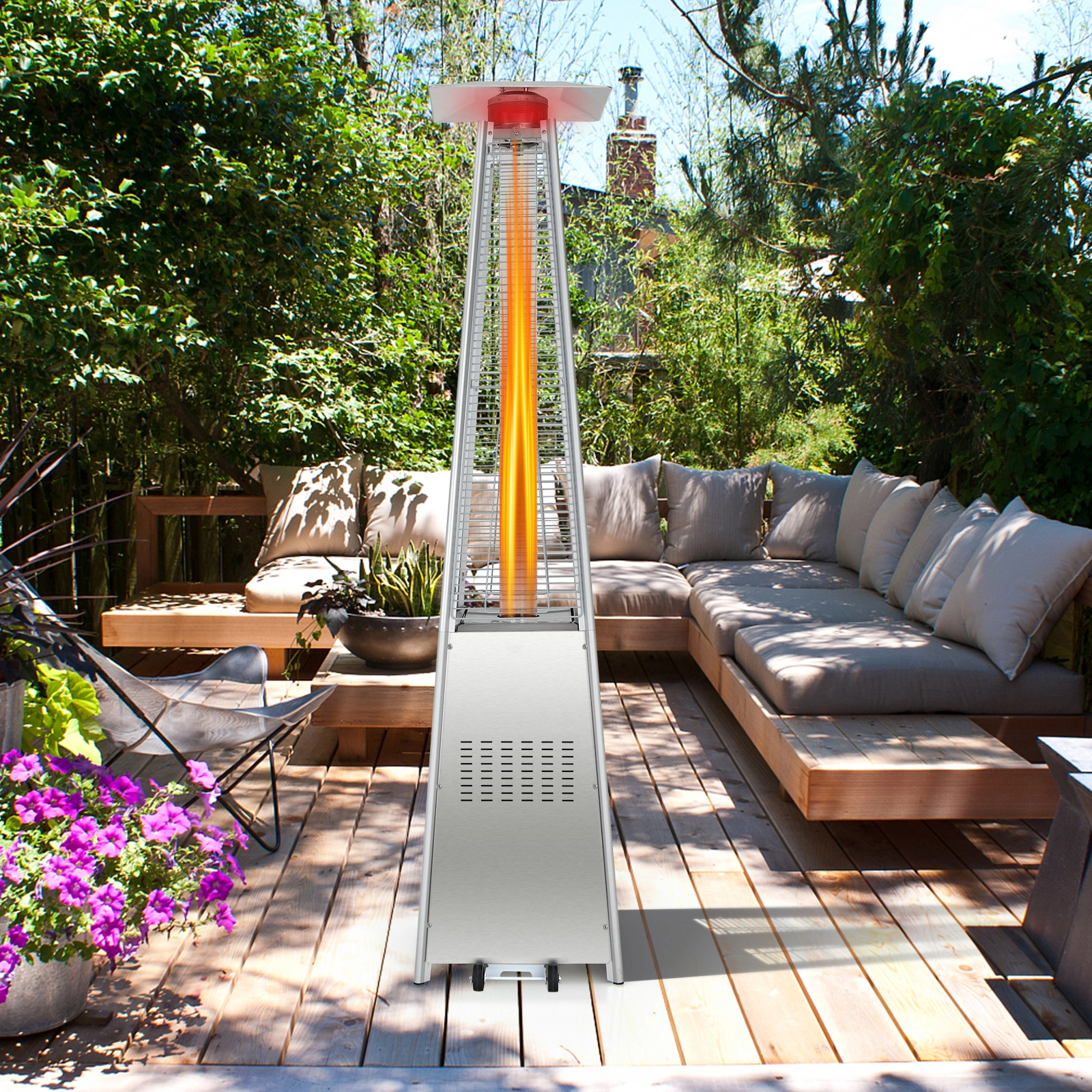 SUGIFT 42000 BTU Pyramid Patio Heater with Reflective Cover Stainless Steel Burner 90-in Tall Silver with Wheels
