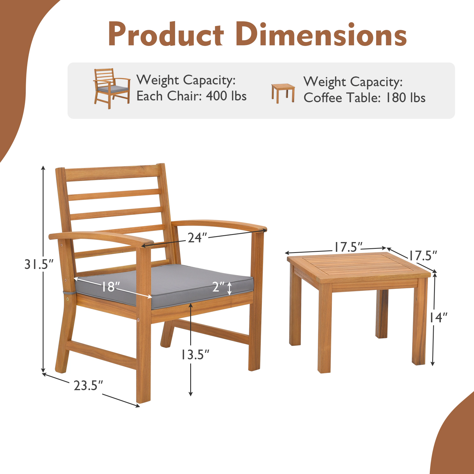 SUGIFT Table and Soft Seat Cushions 3-Piece Acacia Wood Patio Chair Set