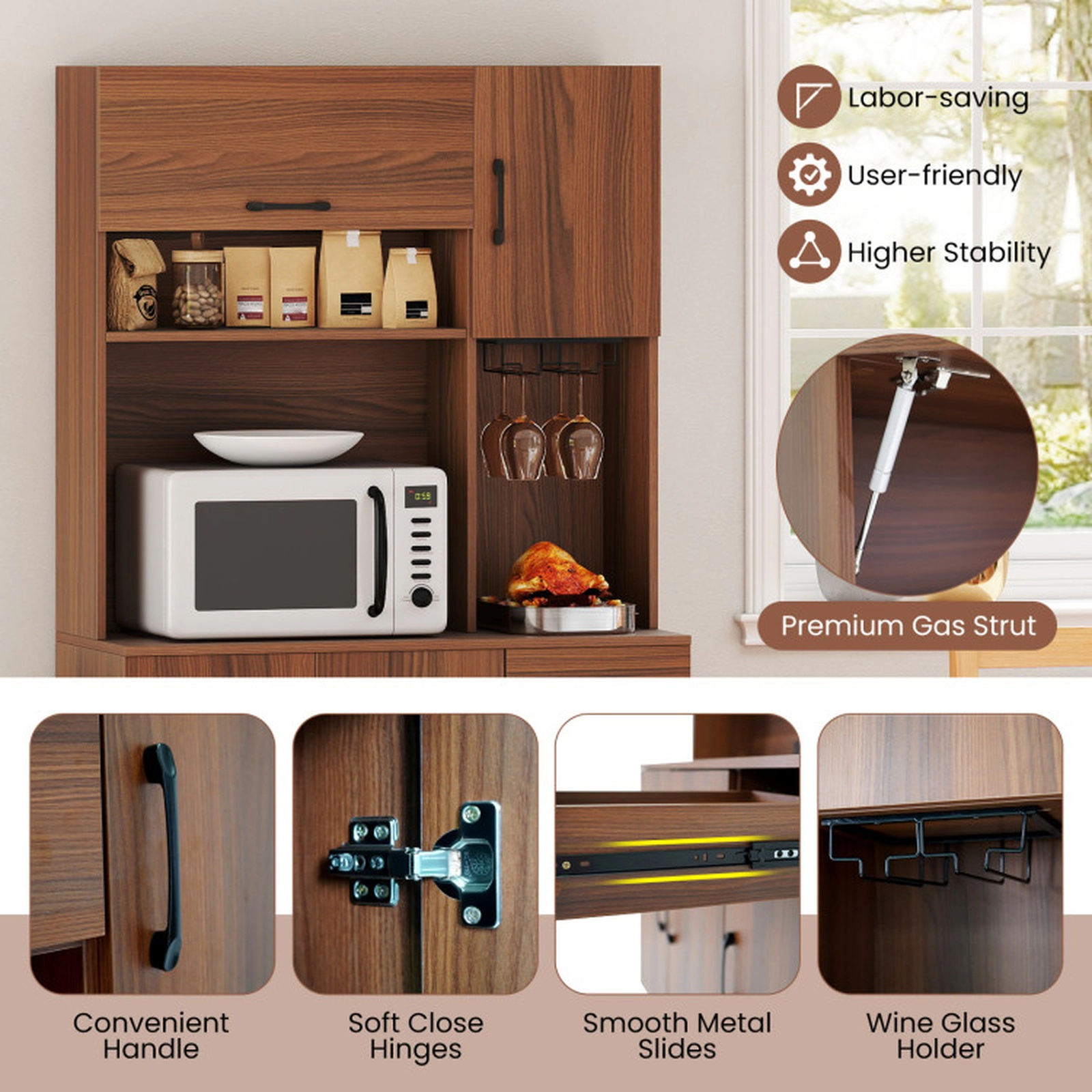 SUGIFT 66-in Pantry Cabinet with Charging Station and Microwave Stand 100-lb Tabletop Capacity Brown