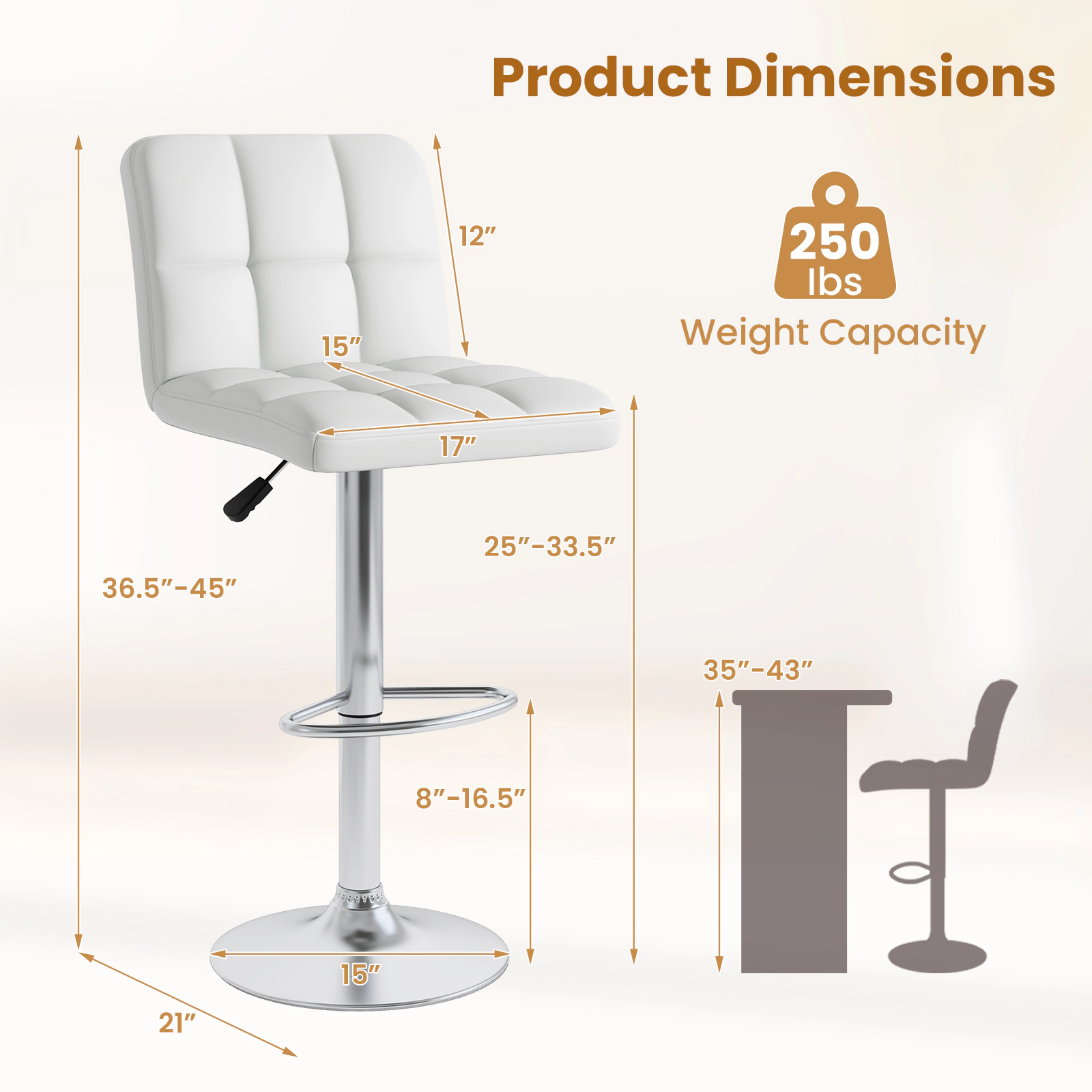 SUGIFT Modern Upholstered Adjustable Swivel Bar Stools Set of 2 Back & Footrest 250-lb Capacity 21-in Wide Seat White