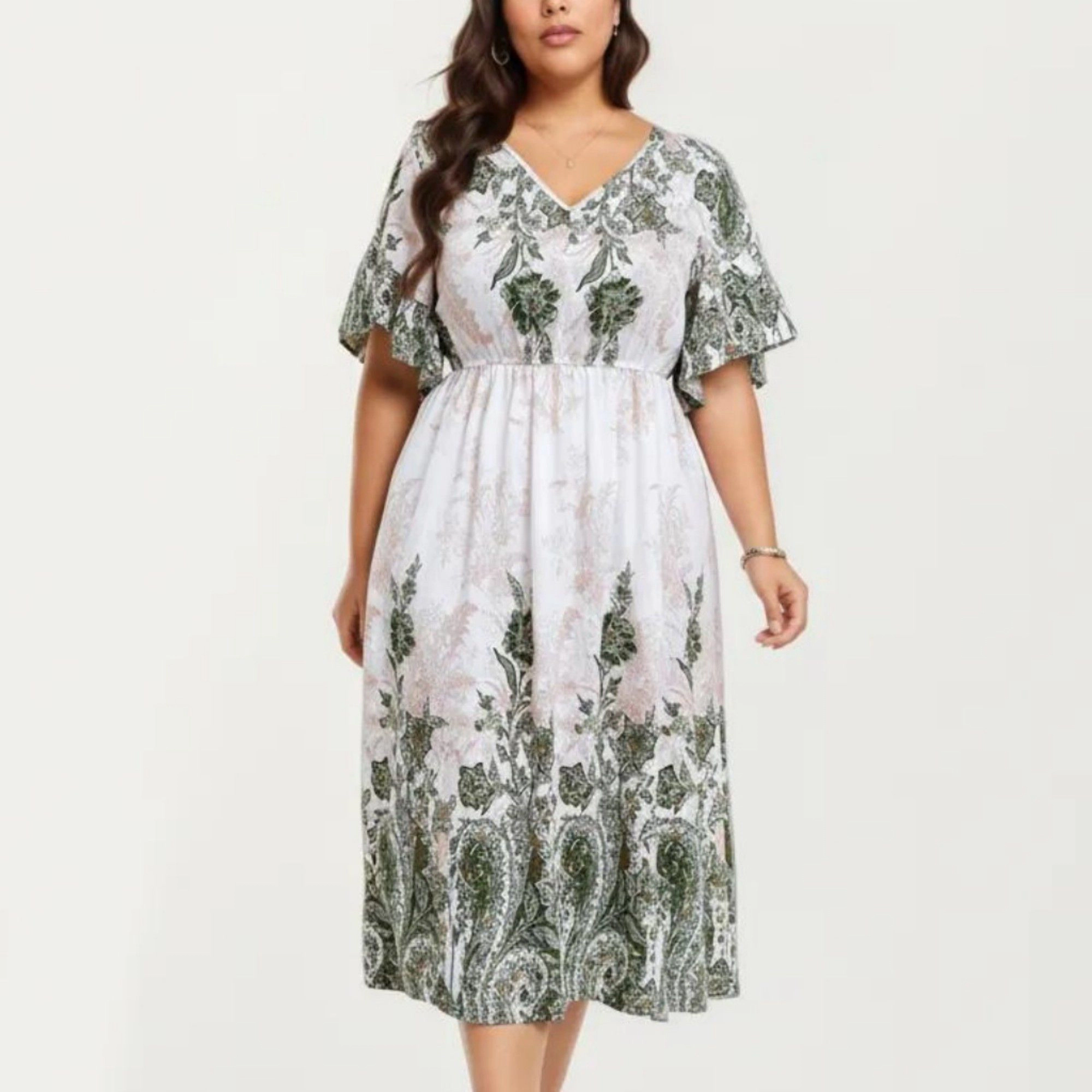 Anna-Kaci Women's Short Sleeve V Neck Elastic Waist All Over Floral Print Flowy Fit Casual Midi Dress