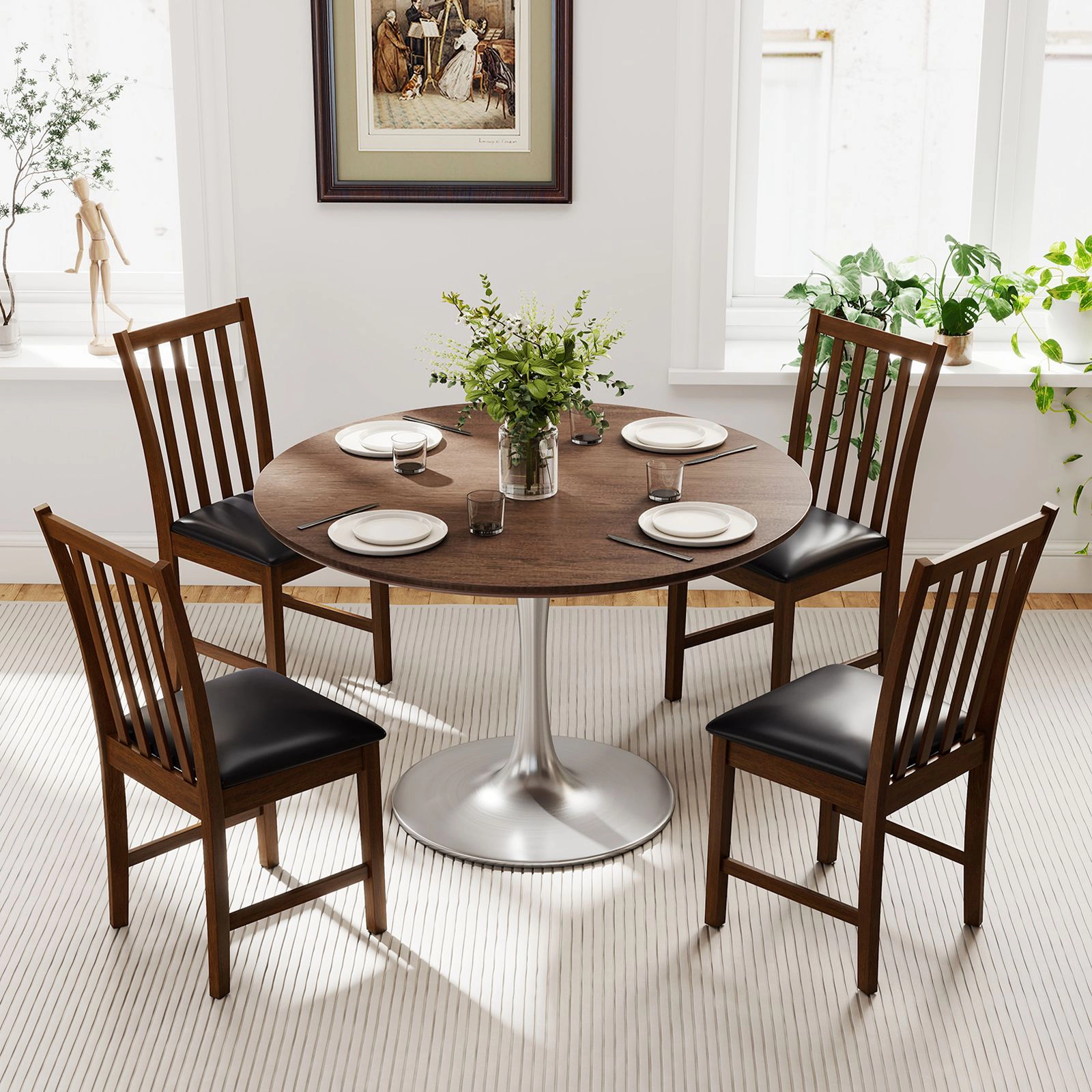 SlickBlue Wooden Dining Chairs, Curved Backrest, Padded Leather Seat, 2 Pack