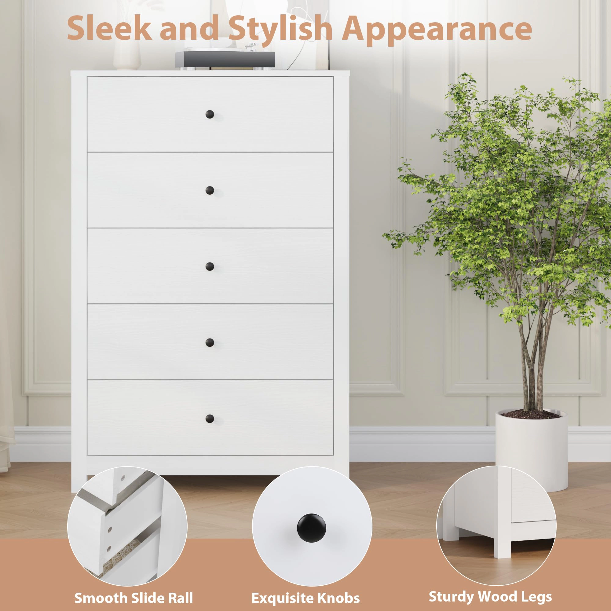 5 Drawer Dresser for Bedroom, Modern Wood Storage Chest with Deep Drawers