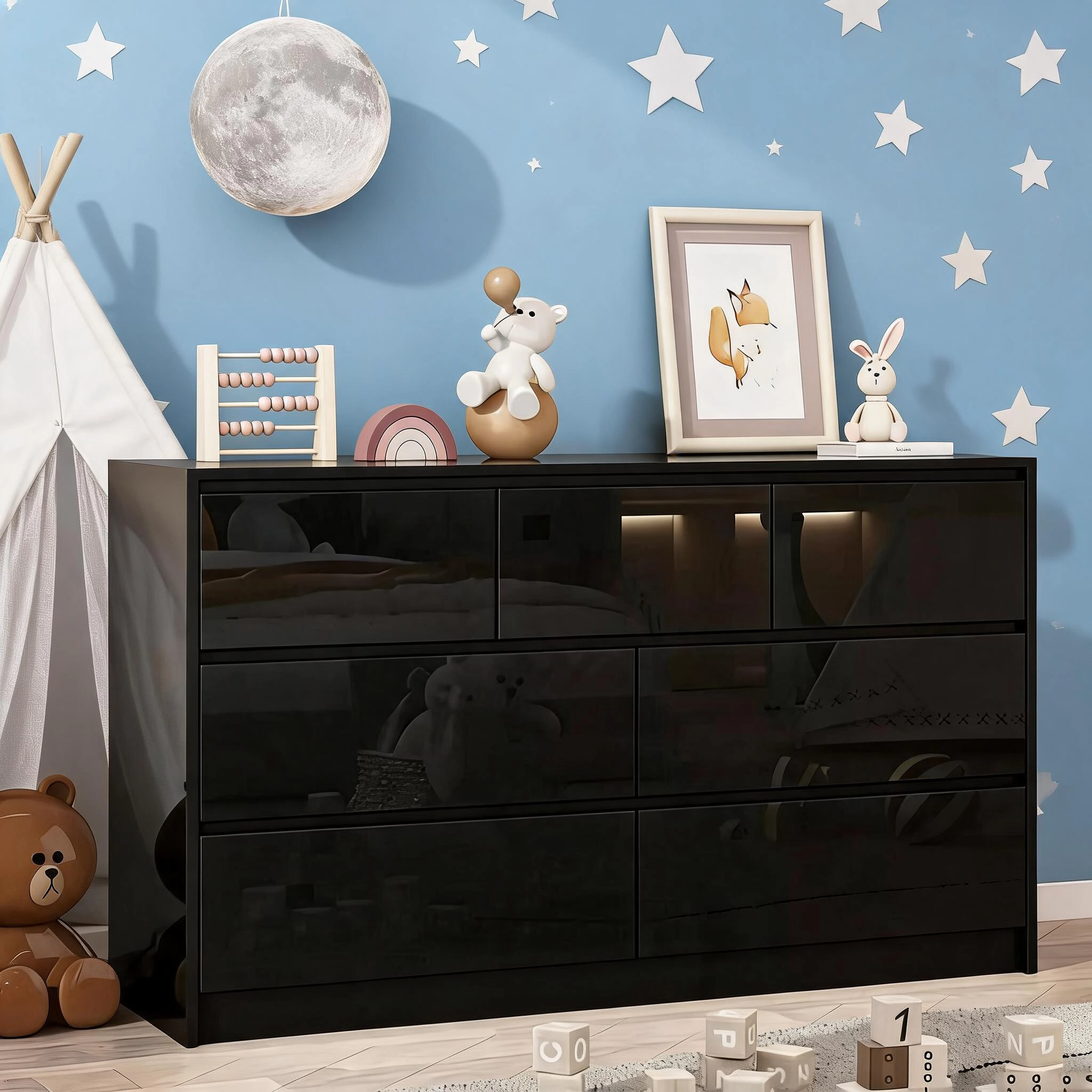 55" Full High Gloss Dresser with 7 Drawers, Modern Wide Storage Chest for Bedroom