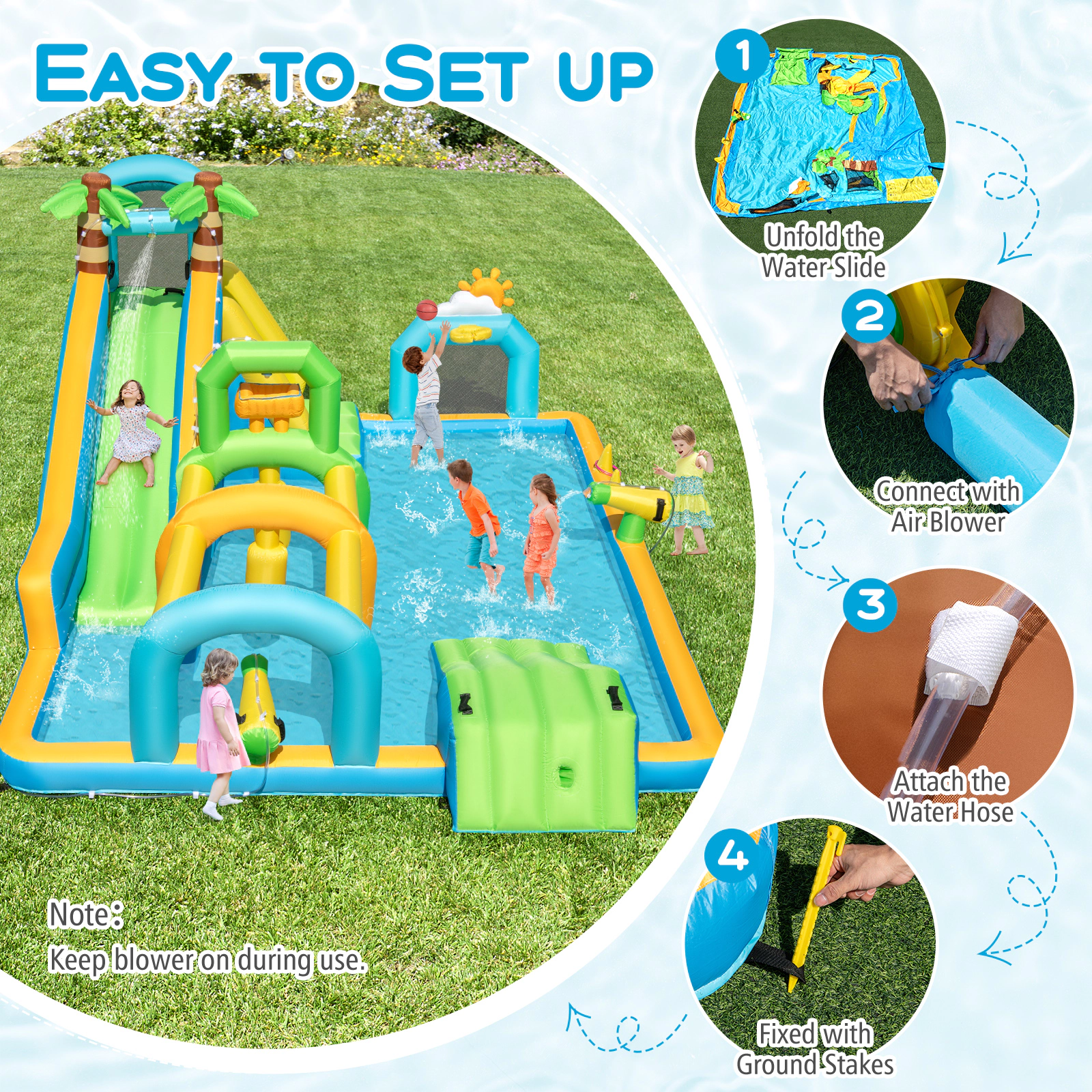 LJG Kids Inflatable Water Slide Tropical Theme Dual Slide Aqua Park with 735W Blower