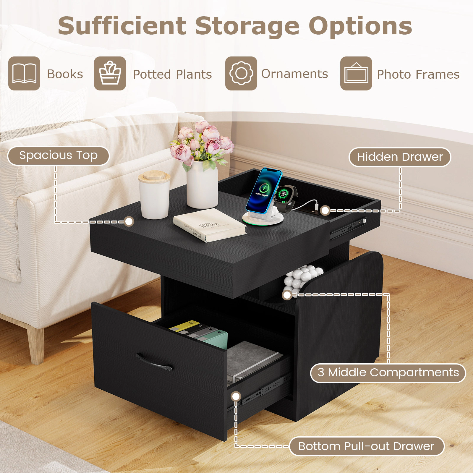 Glintex Nightstand with Push-to-Open Sliding Top Charging Station and Hidden Tray