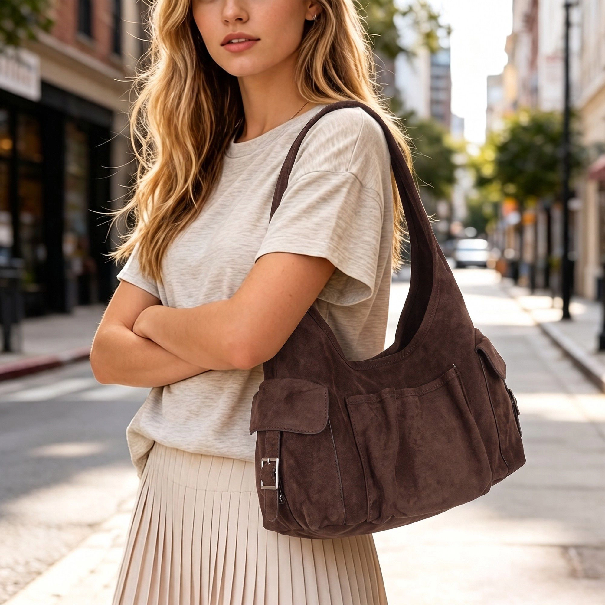 Alilang Women's Slouchy Suede Look Hobo Shoulder Bag with Front and Side Pockets 10.6x5x5in