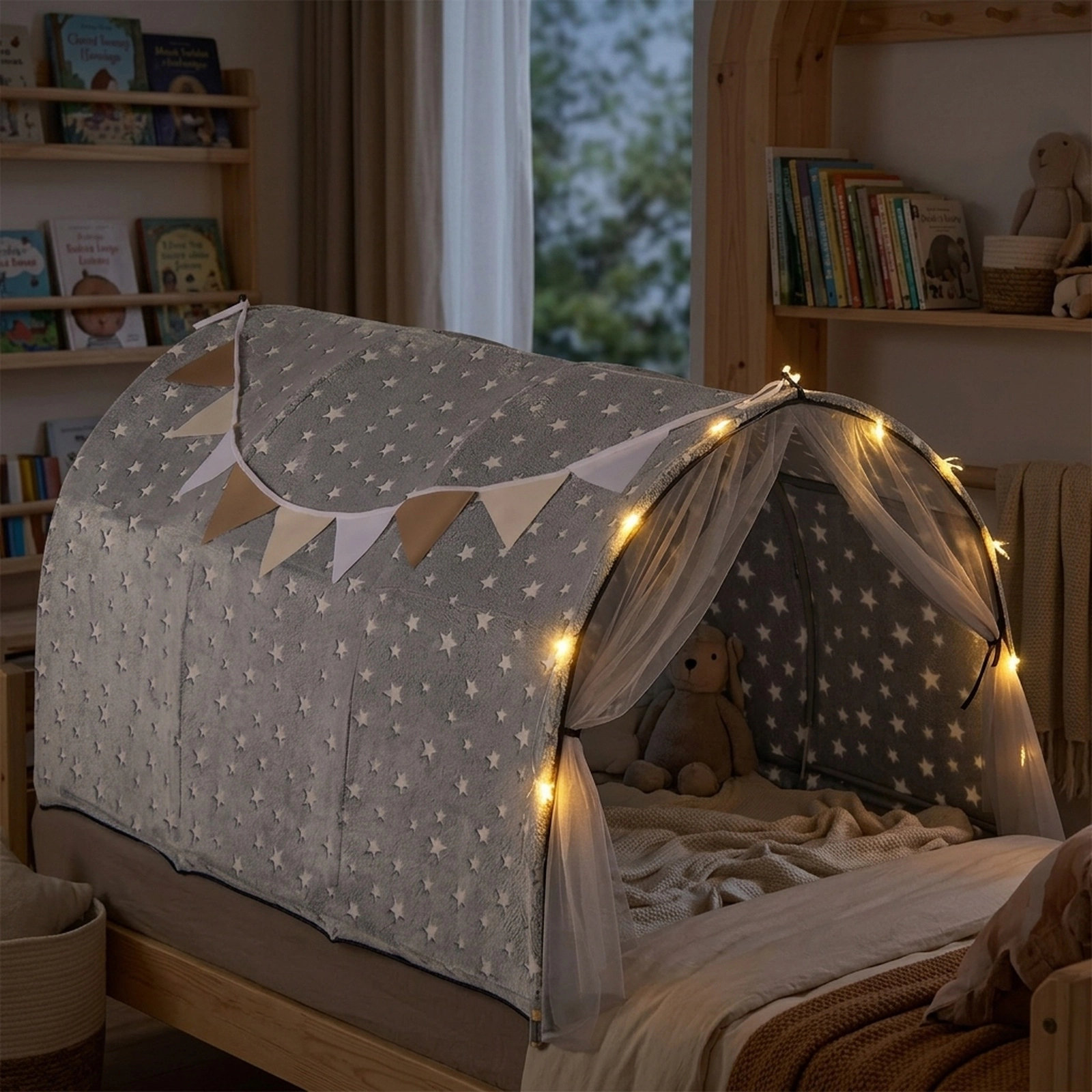 Kids Bed Tent for Twin Bunk Bed with Glow in the Dark Stars and Star Light String 54-in Flannel Privacy Canopy Gray