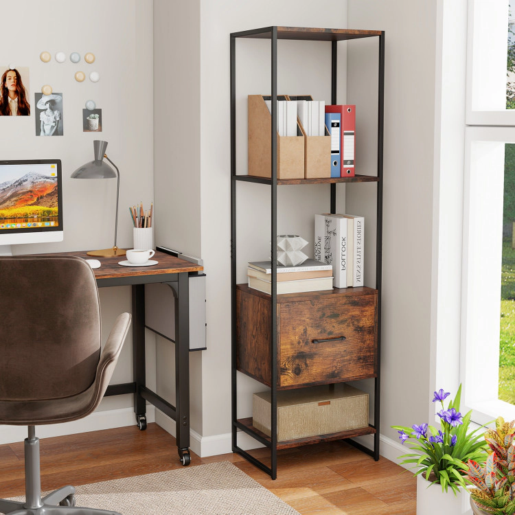 Hivvago 5-Tier Narrow Bookcase with 4 Open Shelves and Storage Drawer