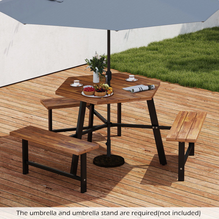Hivvago 6 Person Acacia Wood Picnic Table Bench Set With 3 Seats