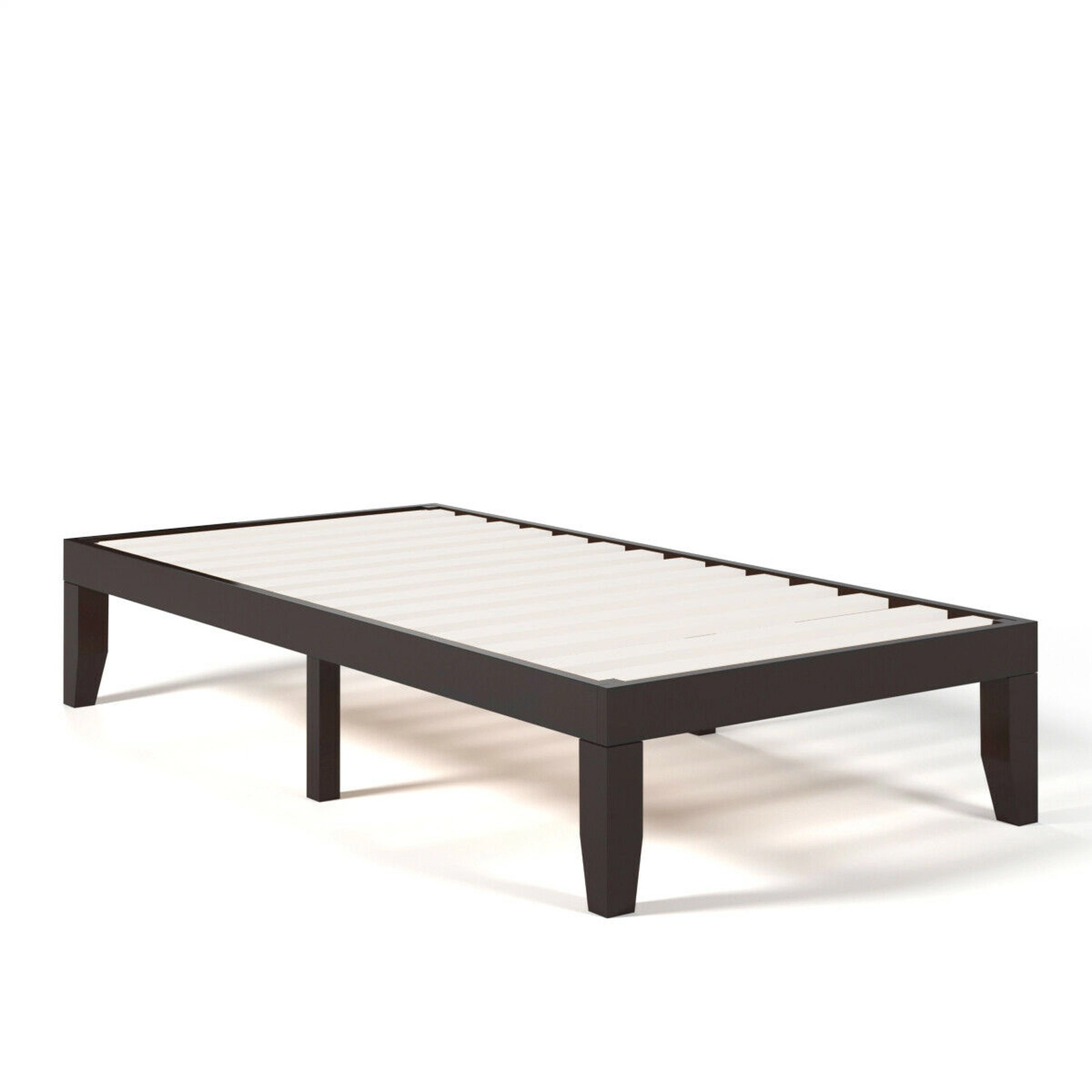 SUGIFT Solid Wood Twin Bed Frame with 14-In High Platform and Wooden Slats 250-Lb Capacity Brown Finish