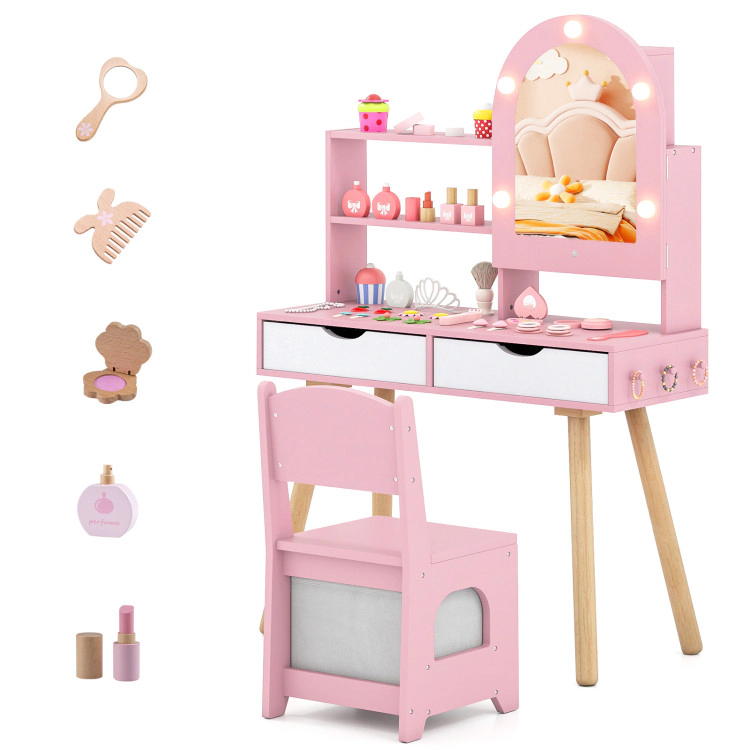 Hivvago Kids Vanity Set Table With 3-Color Lighting Modes And Mirror Cabinet