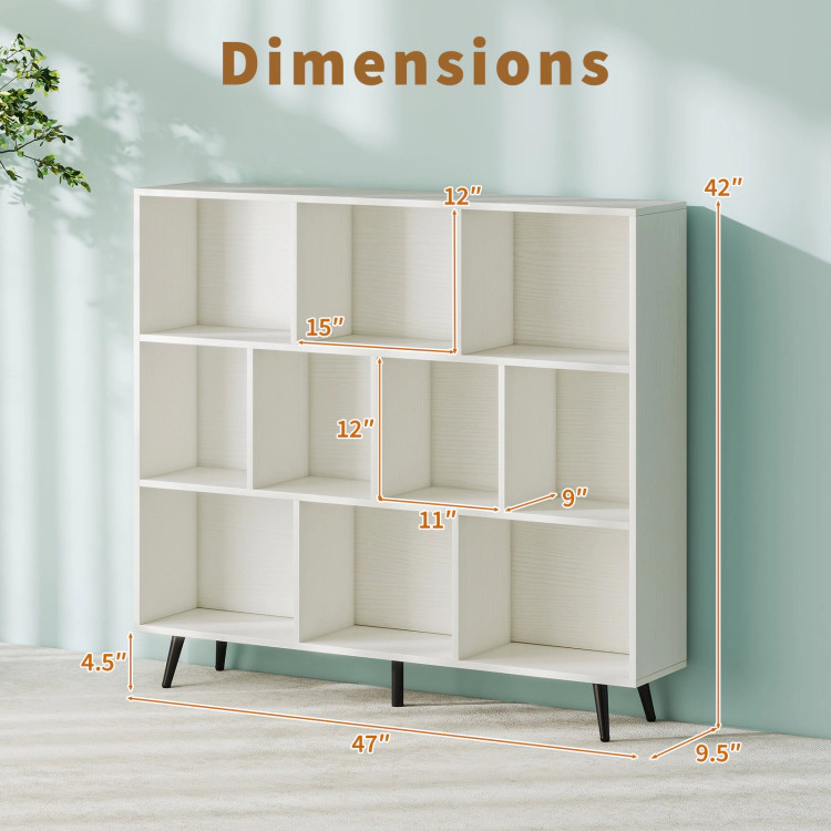 Hivvago Mid-Century Cube Bookcase – Compartments, Off White Storage Shelf with Metal Legs