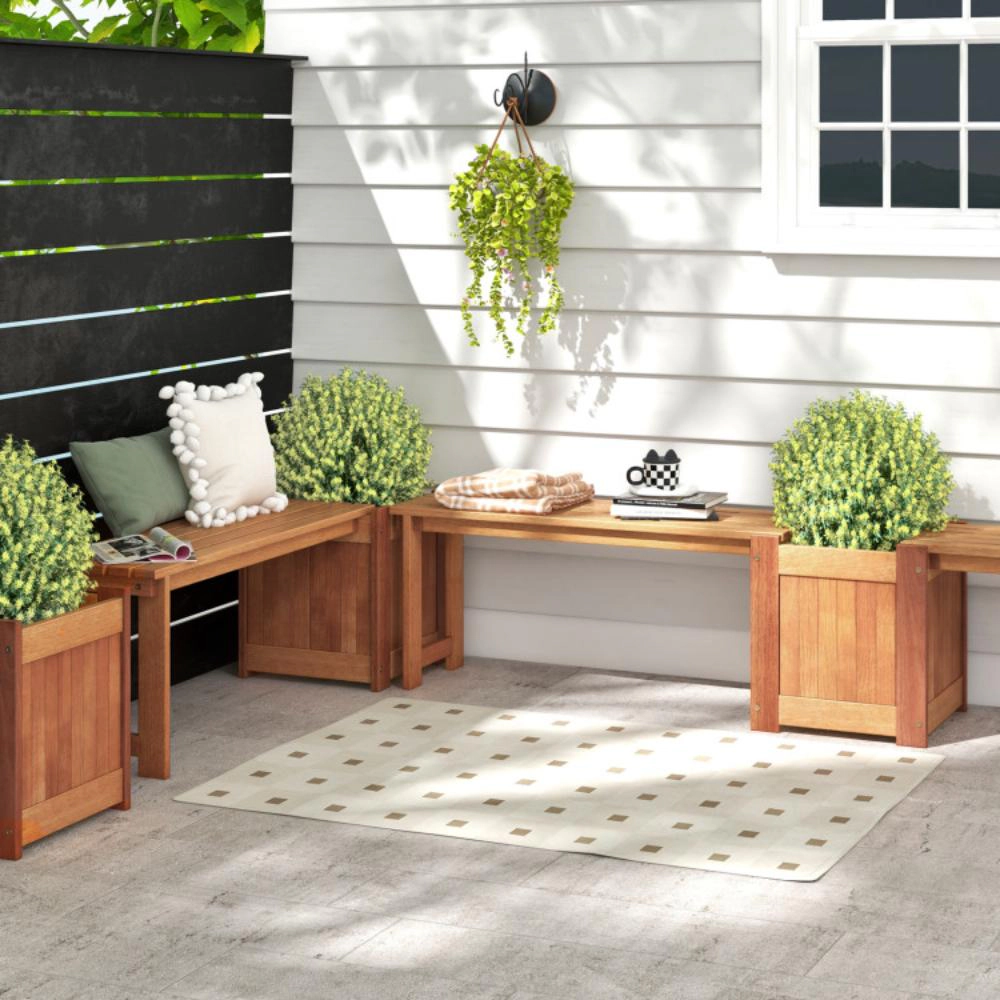 Hivvago Teak Oil Finish Raised Garden Bed Wood Planter Box with Bench
