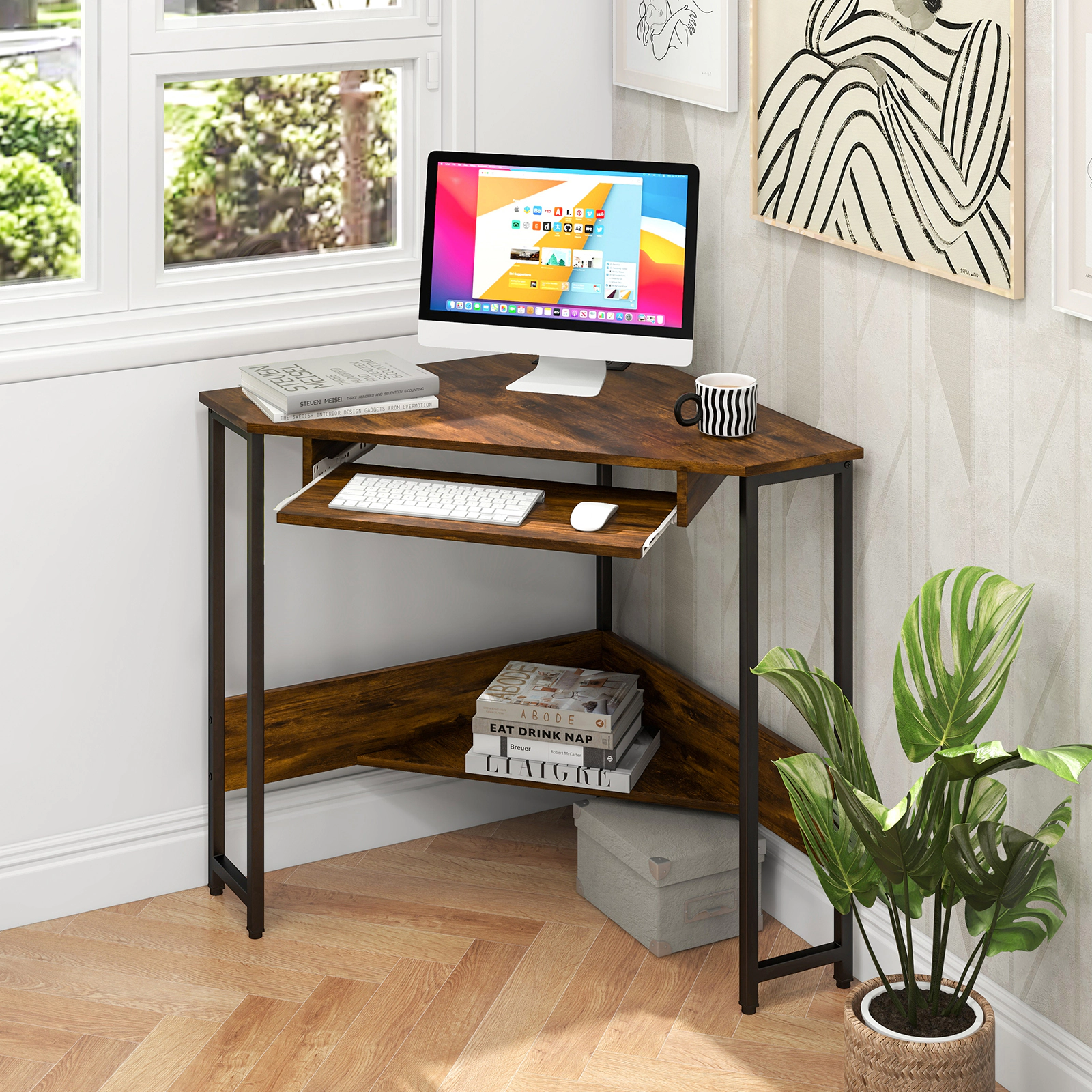 SUGIFT Rustic Brown Charging Station Keyboard Tray and Storage Shelf Triangle Corner Desk