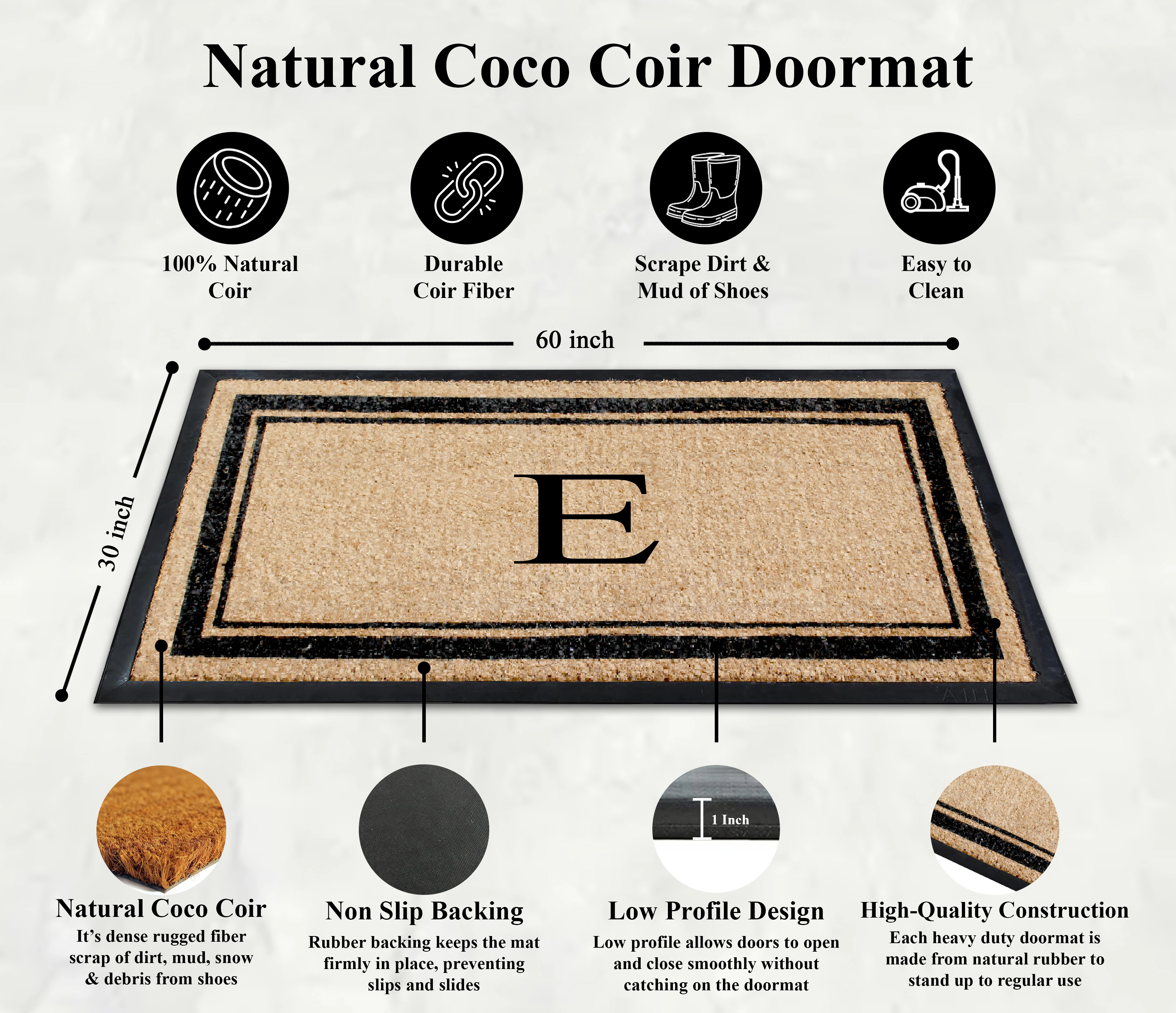 A1 Home Collections 30 in x 60 in Hand-Flocked Monogrammed Natural Coir Door Mat with Rubber Backing Letter T