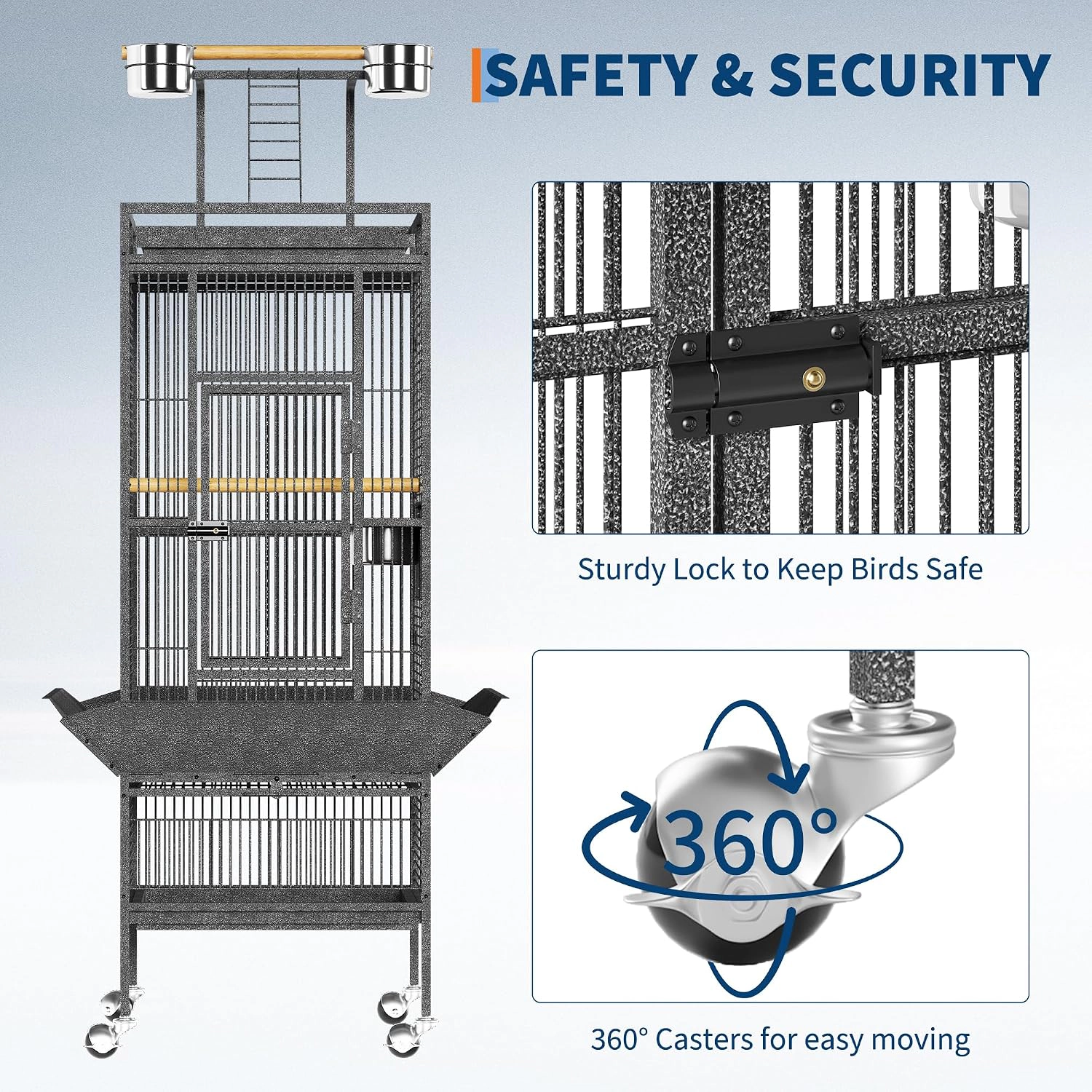 Large Rolling Metal Parrot Bird Cage 154.9cm Total Height, Play Top Pet Bird House, Burst Silver