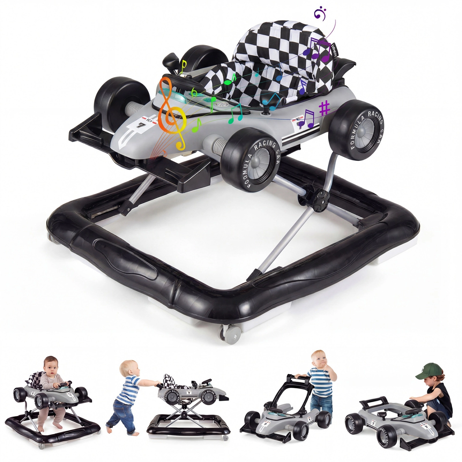SUGIFT Gray Adjustable Height and Music Box 4-in-1 Baby Push Walker Activity Center