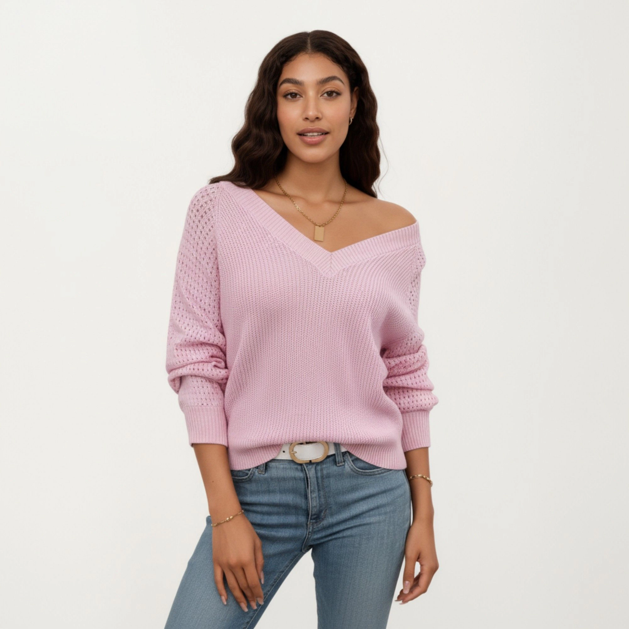 Anna-Kaci Women's Pointelle Sleeve Off Shoulder Relaxed Fit Knit Sweater