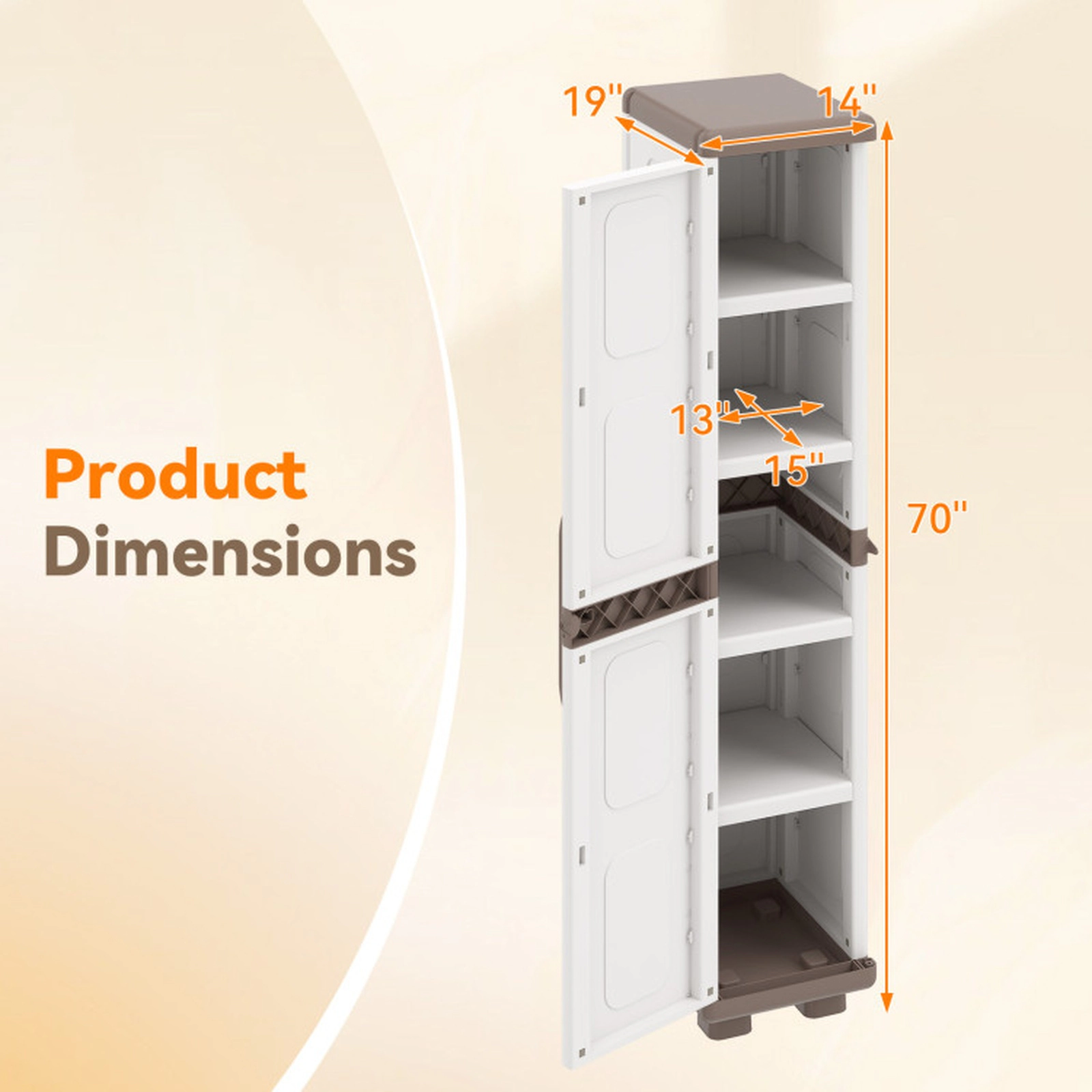 SUGIFT 70-in Tall 14-in Wide 55-lb Shelf Beige PP Plastic Pantry Cabinet with 5 Tiers and Single Door