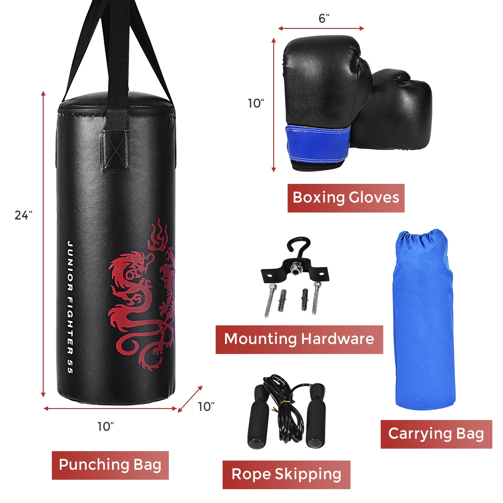 SUGIFT 5-Piece 24-in 22-lb Kids Punching Bag Boxing Set with 8-oz Gloves Skipping Rope Hook and Rucksack
