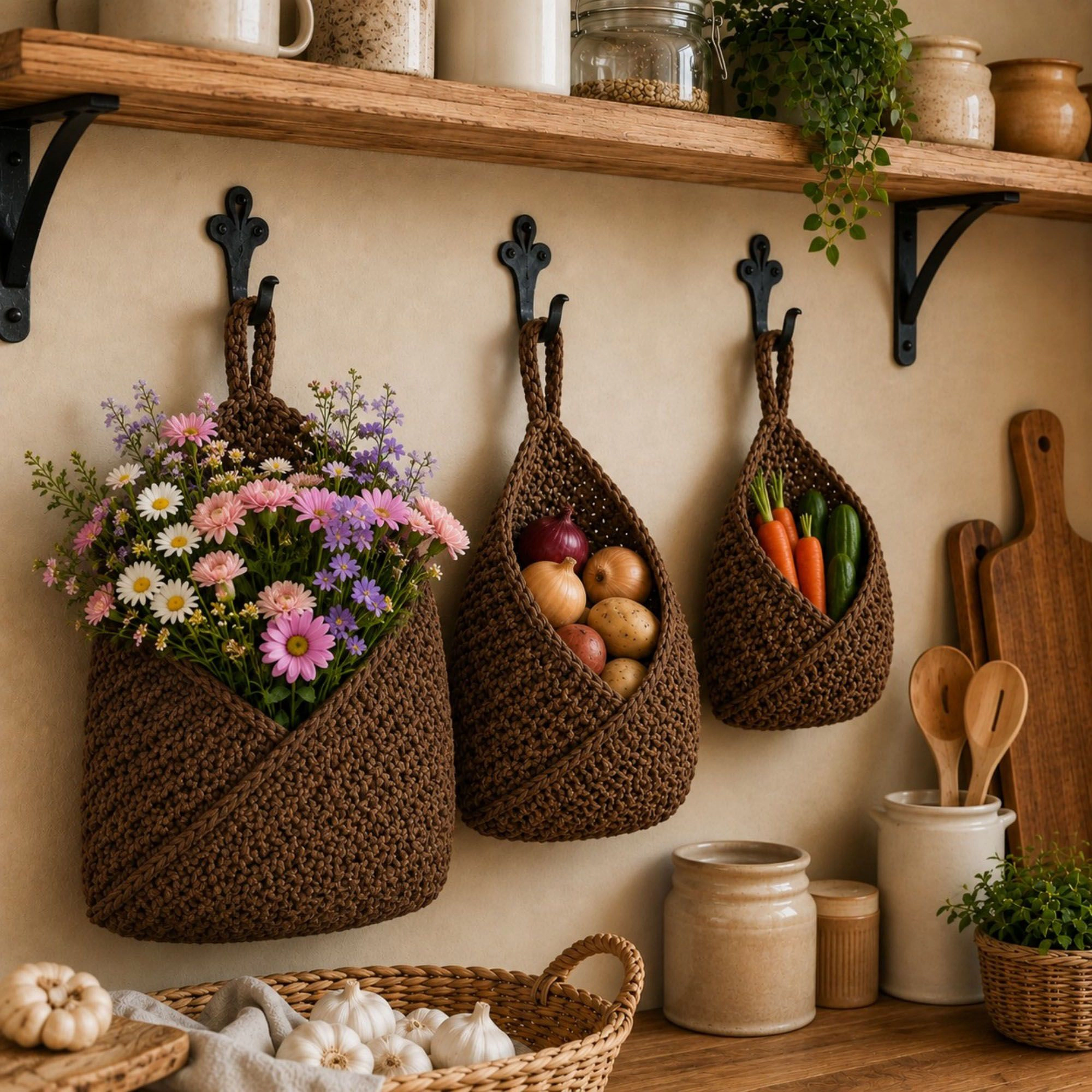 Alilang Unisex Woven Cotton Rope Hanging Basket Set Wall Storage Organizer with Hooks