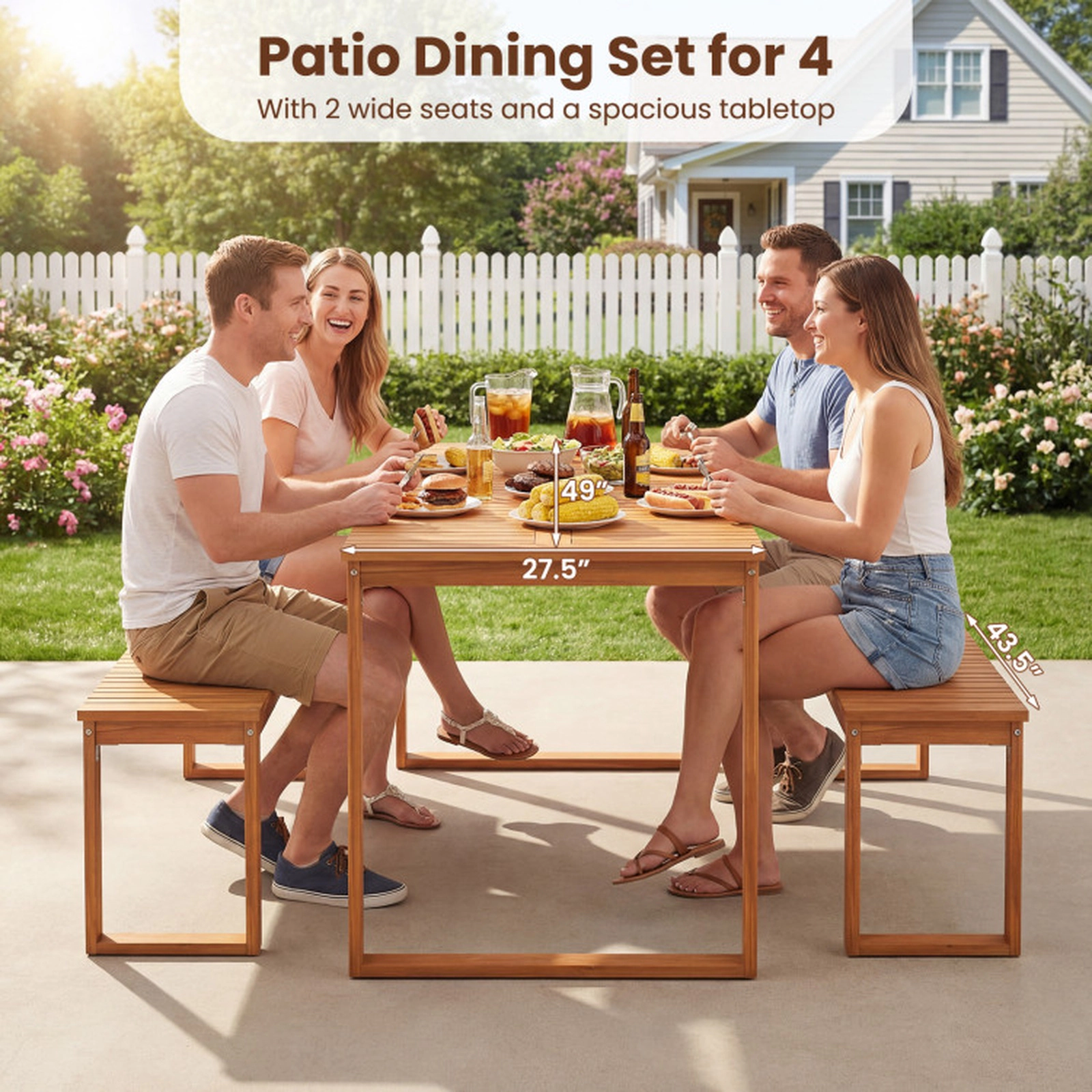 SUGIFT 49-in 165-lb Capacity Acacia Wood Outdoor Dining Table with Slatted Top and Metal Corner Braces