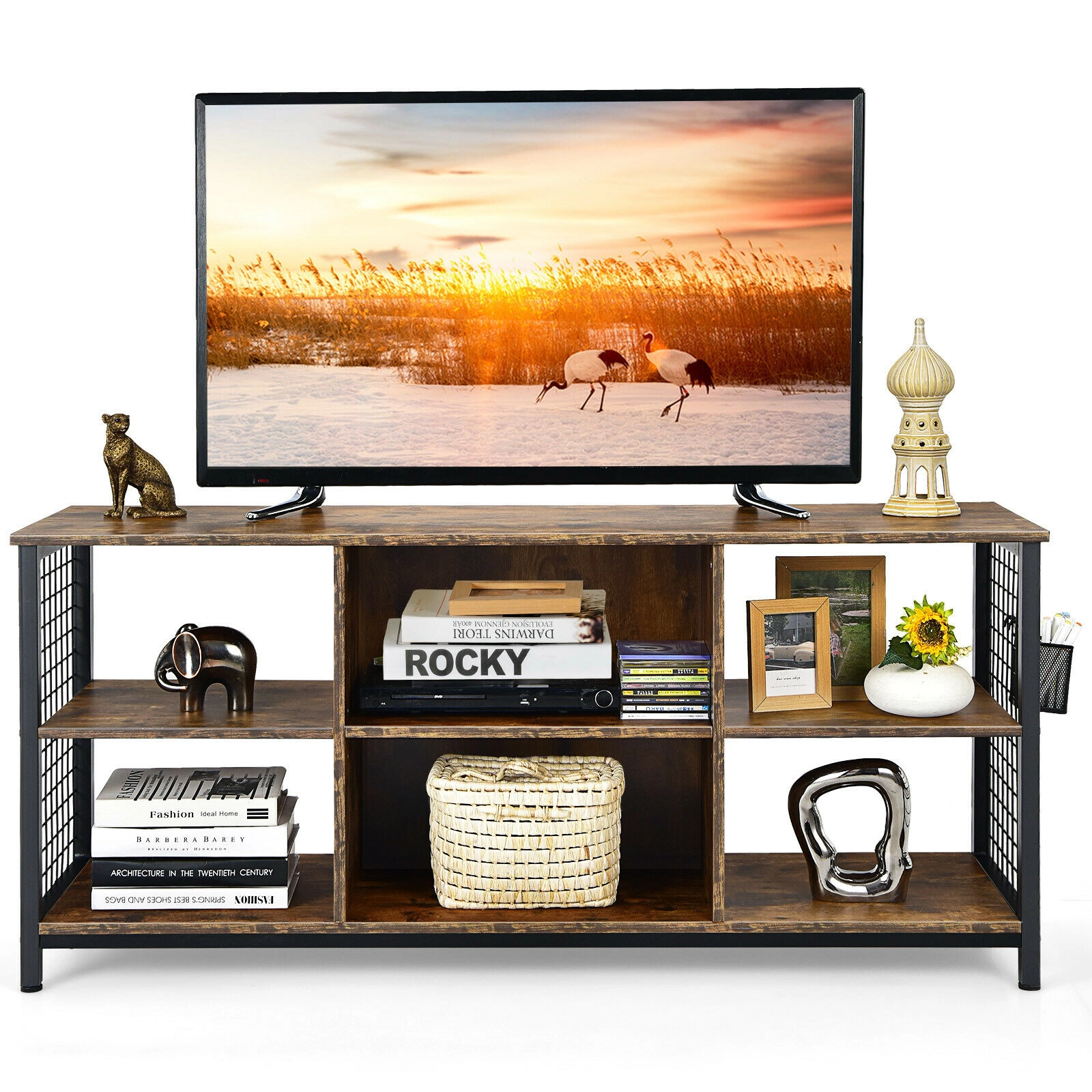 Glintex 55-Inch Mid-Century TV Stand with Storage Basket and Steel Frame, Rustic Brown
