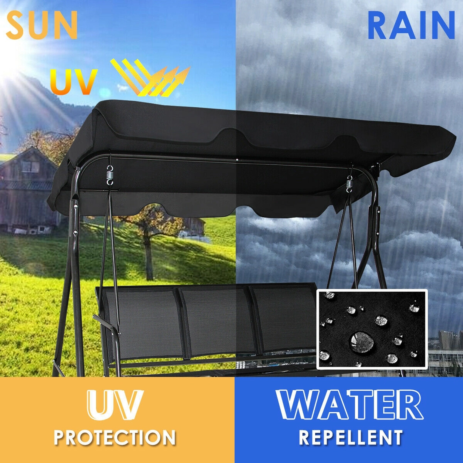 SUGIFT 67-in Wide 3 Person Patio Swing Chair with Polyester Angle Adjustable Canopy 550-lb Capacity Black/Brown/Blue