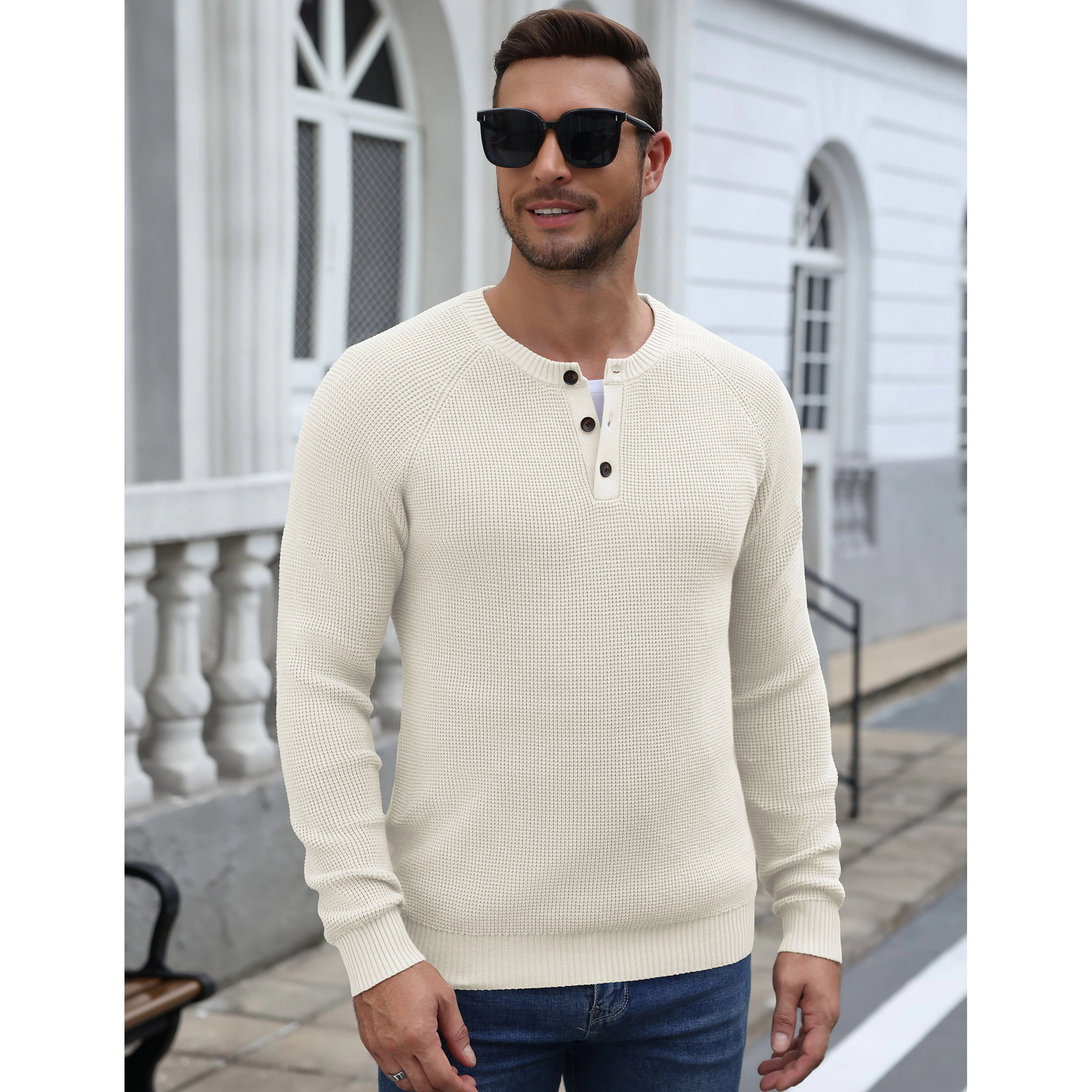 COOFANDY Men's Henley Waffle Knit Raglan Sleeve Button Crewneck Pullover