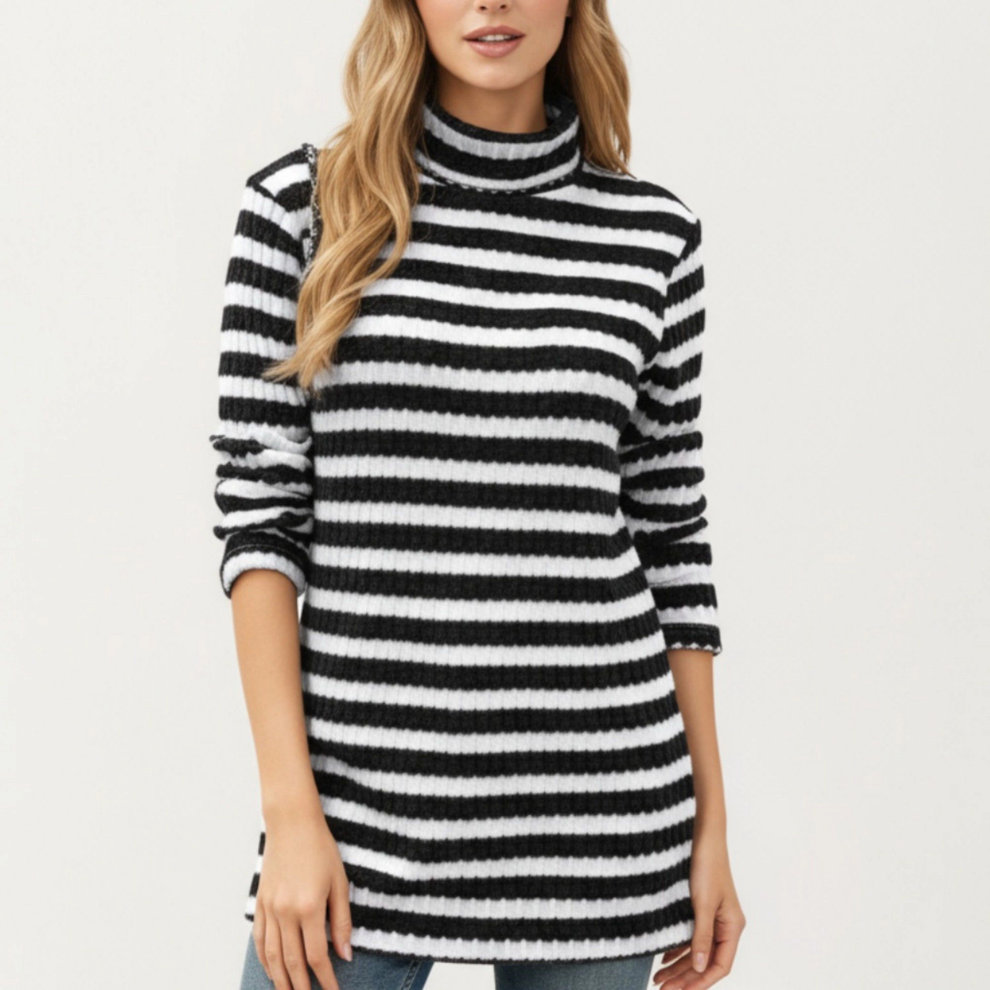 Anna-Kaci Women's Striped Ribbed Turtleneck Tunic Length Relaxed Fit Long Sleeve Pullover Top