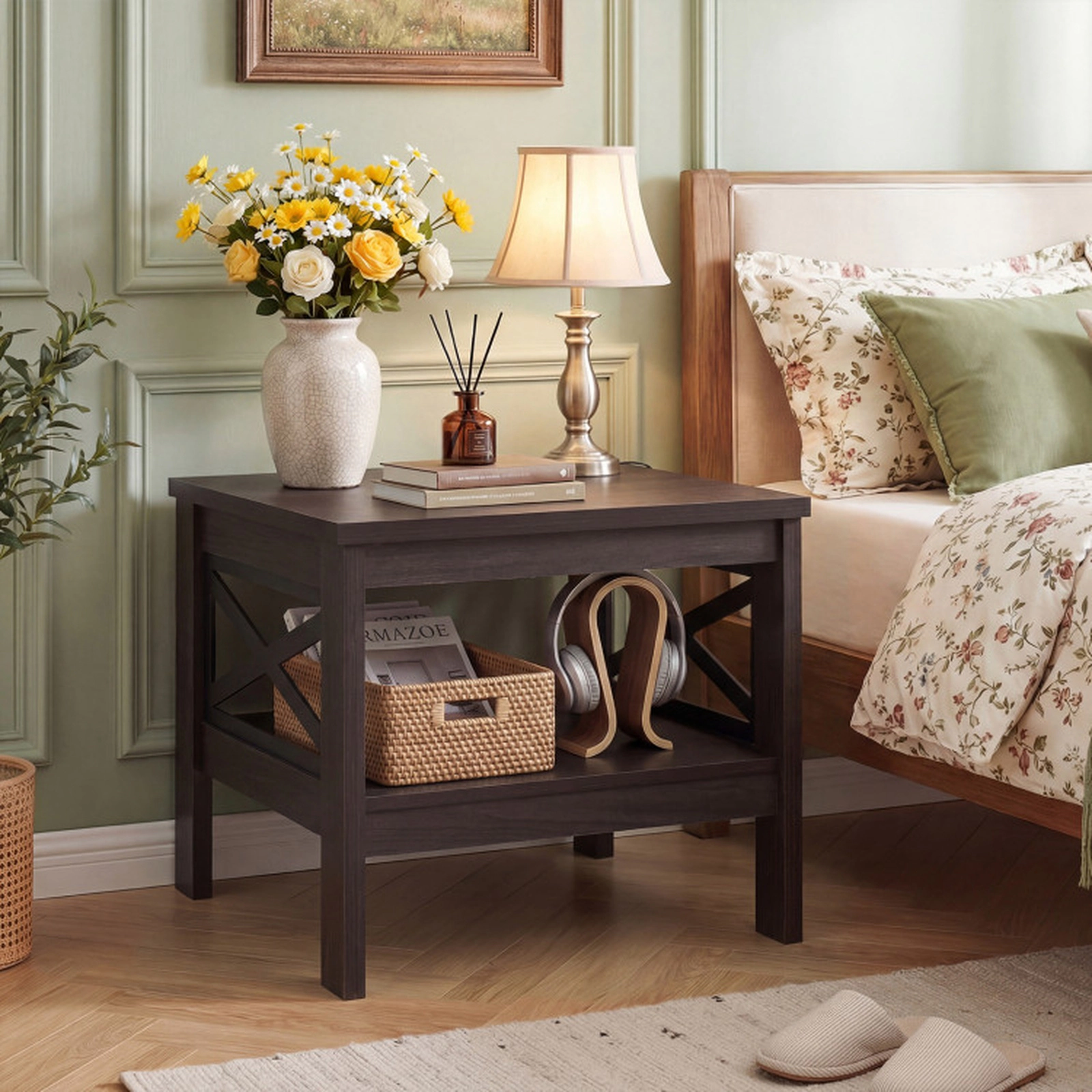 SUGIFT Square Engineered Wood X Frame 2 Tier Open Shelf Storage Side Table Oak
