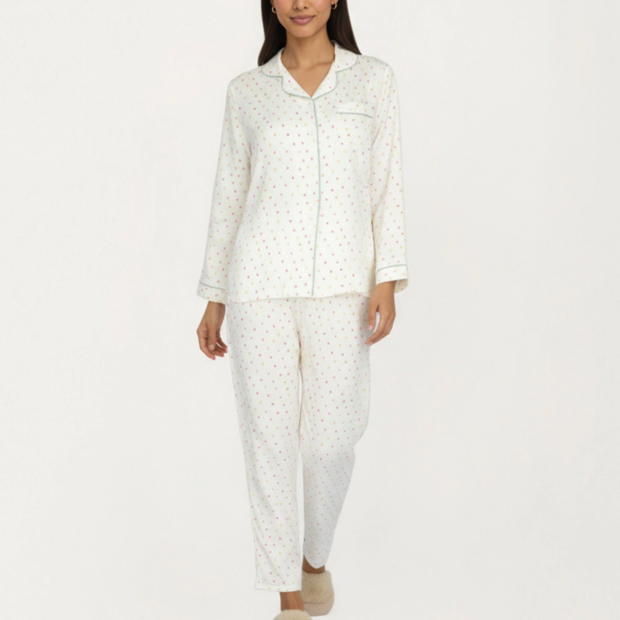 Anna-Kaci Women's 2-Piece Long Sleeve Button Front Pajama Top with Contrast Piping and Relaxed Fit Pants