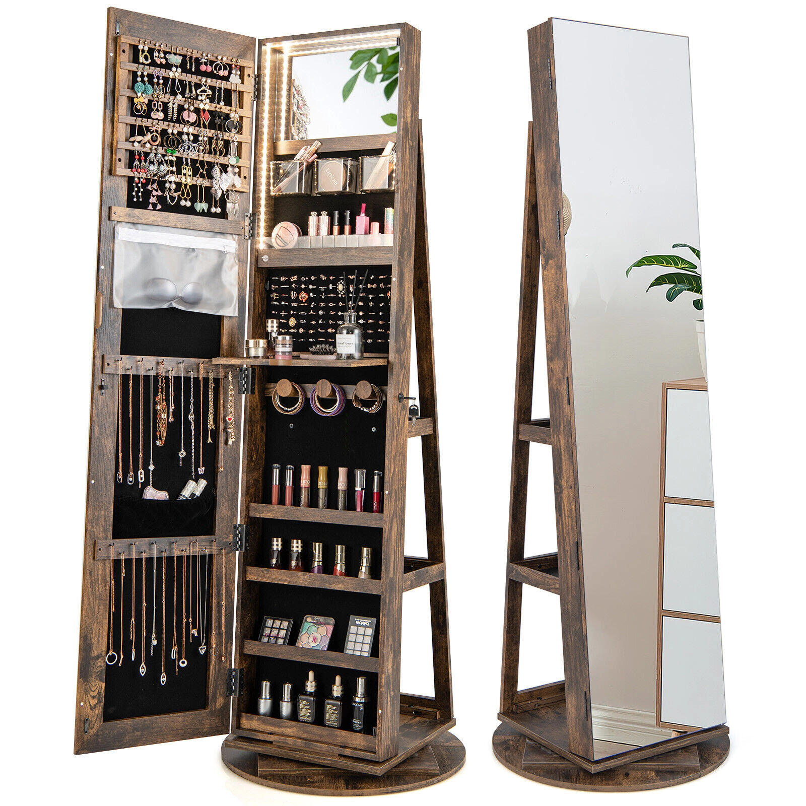 SUGIFT 360° Rotating Mirrored Jewelry Cabinet Armoire with 61-in Cabinet and 3-Color LED Modes Lockable Brown