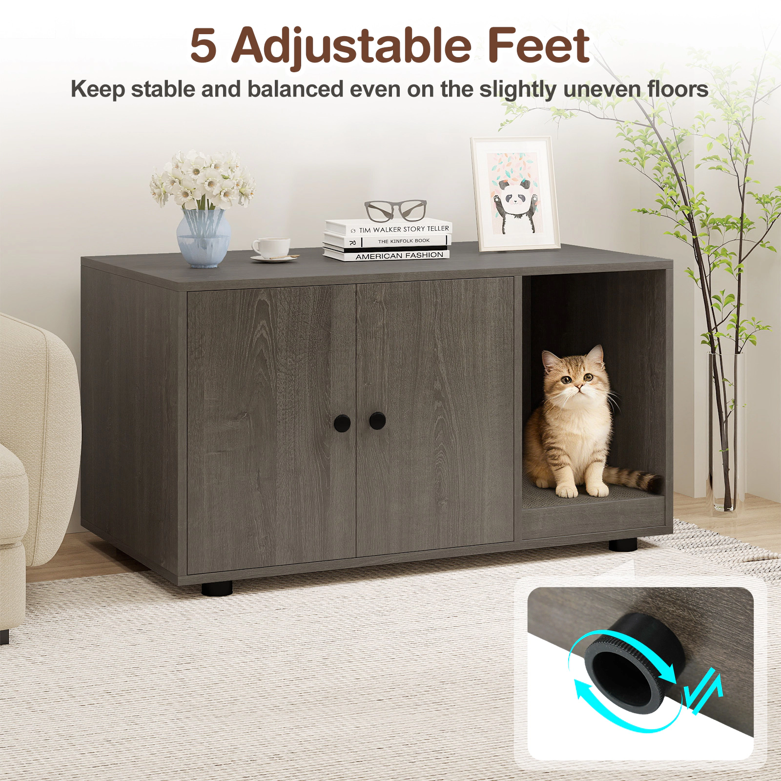 SUGIFT 35.5 x 20-in 88-lb Capacity Oak Wooden Hidden Litter Box Enclosure Furniture with Removable Scratching Board