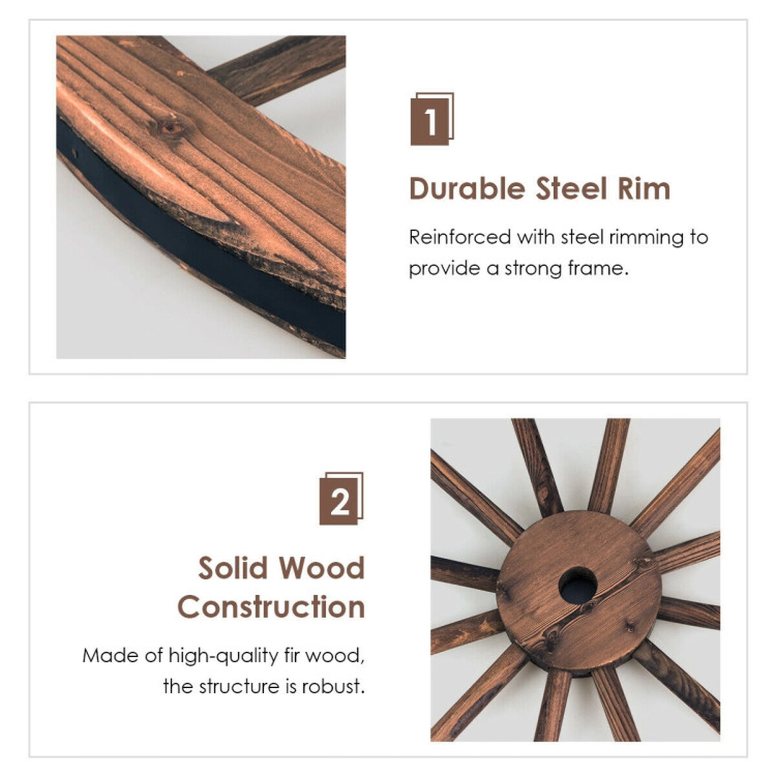 SUGIFT Set of 2 Brown Carbonized Fir Wood Decorative Wagon Wheels with Steel Rims 30-in Dia 1.5-in D