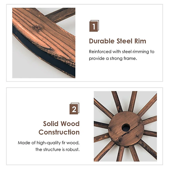 SUGIFT Set of 2 Brown Carbonized Fir Wood Decorative Wagon Wheels with Steel Rims 30-in Dia 1.5-in D