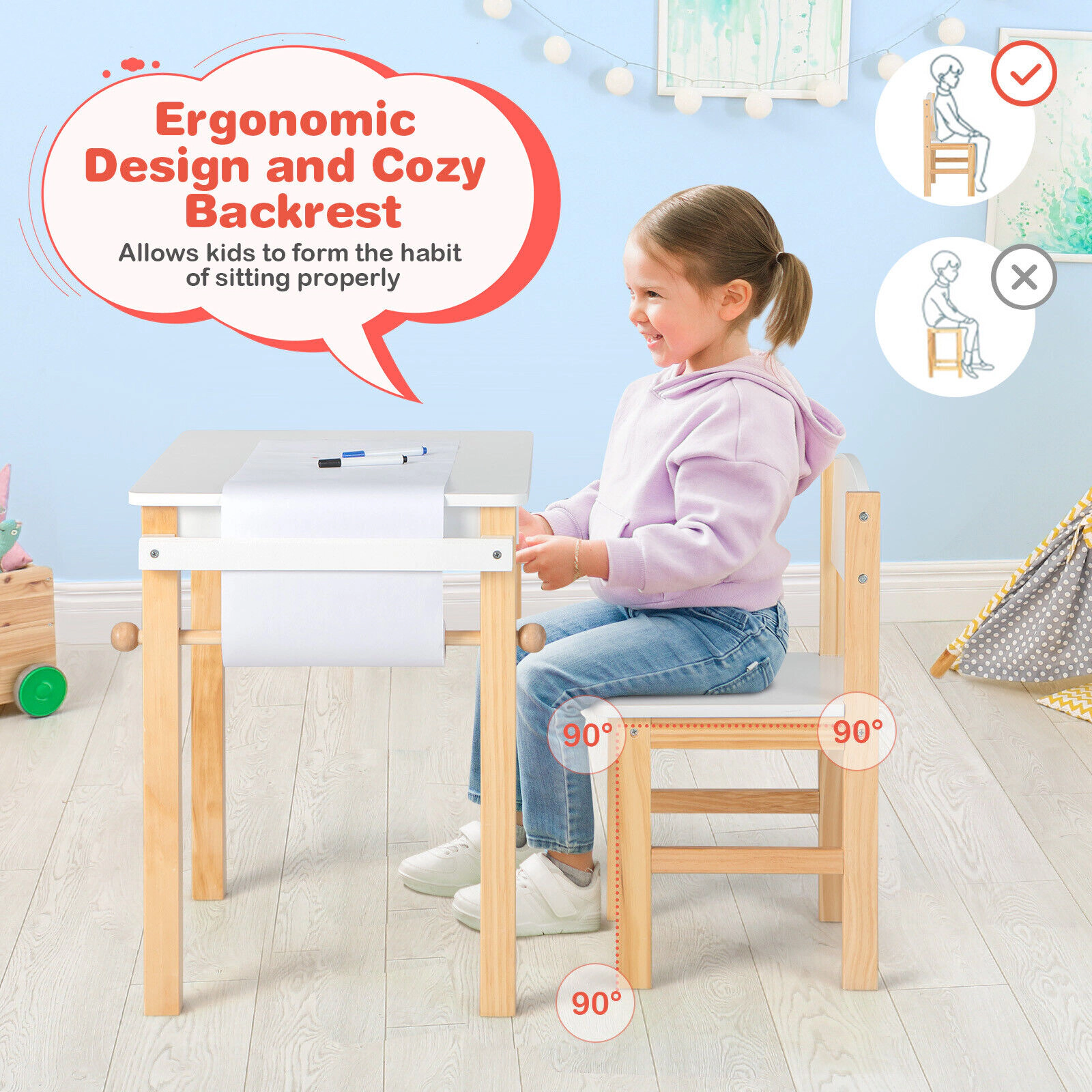 SUGIFT White Drawer Paper Roll and 2 Markers Kids Art Table and Chair Set
